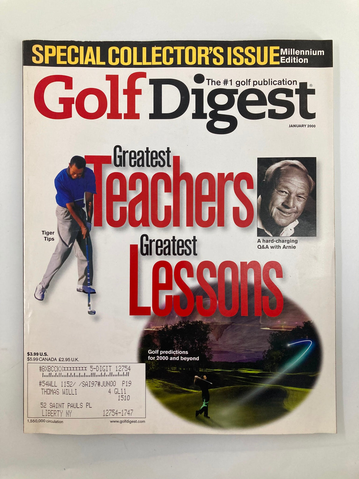 Cover of Golf Digest Magazine January 2000 featuring Tiger Woods and Arnold Palmer with the title 'Greatest Teachers, Greatest Lessons' and showcasing golf tips and predictions for the new millennium.