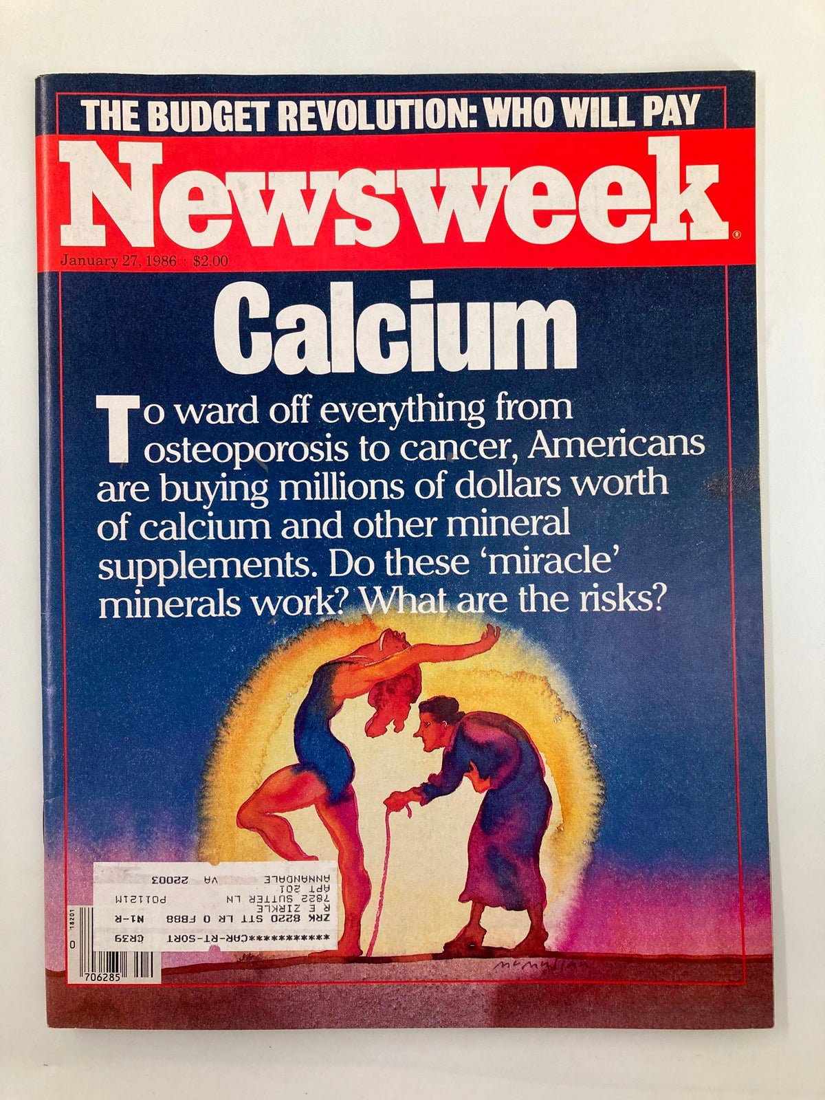 VTG Newsweek Magazine January 27 1986 featuring a cover story titled 'The Budget Revolution: Who Will Pay?' The cover highlights the topic of calcium supplements, discussing their usage and potential risks.