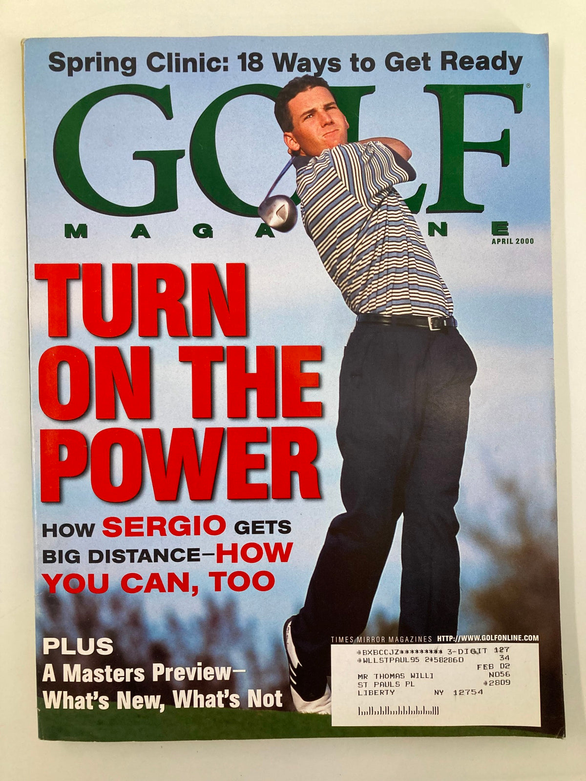 Golf Magazine cover from April 2000 featuring Sergio García with the title 'Turn on the Power: How Sergio Gets Big Distance - How You Can, Too.' The cover showcases García in a dynamic golfing pose, embodying the energy of early 2000s golf culture.
