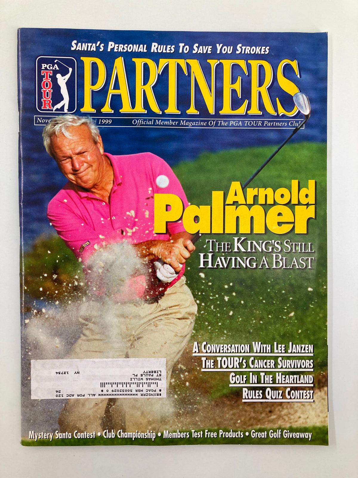 PGA Tour Partners magazine cover from November 1999 featuring Arnold Palmer, highlighting 'The King's Still Having A Blast', showcasing golf imagery.