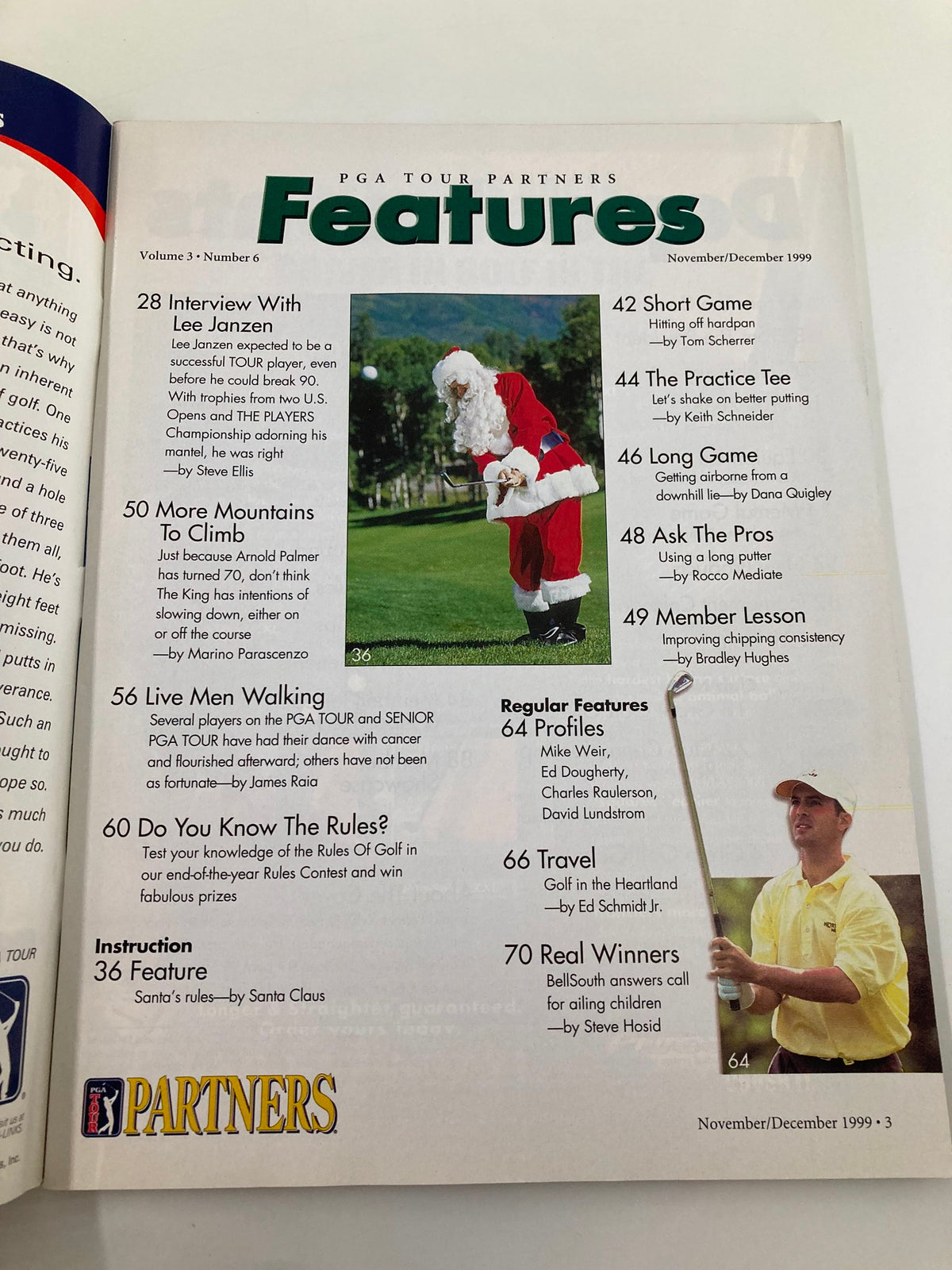Table of contents for PGA Tour Partners magazine, November/December 1999, detailing features including articles with Lee Janzen and holiday-themed content.