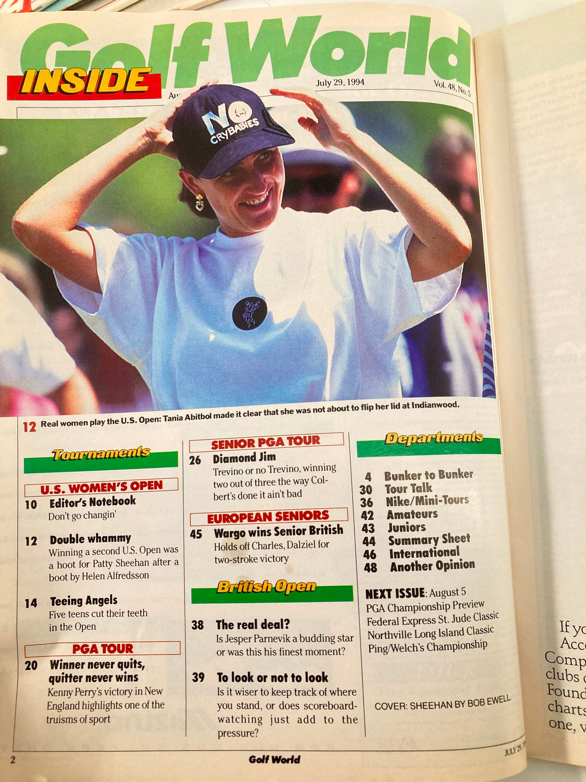 Inside page of Golf World Magazine July 29, 1994, highlighting various tournament sections and featuring a smiling woman in a hat, related to coverage of women's golf, reflecting the magazine's vintage charm.
