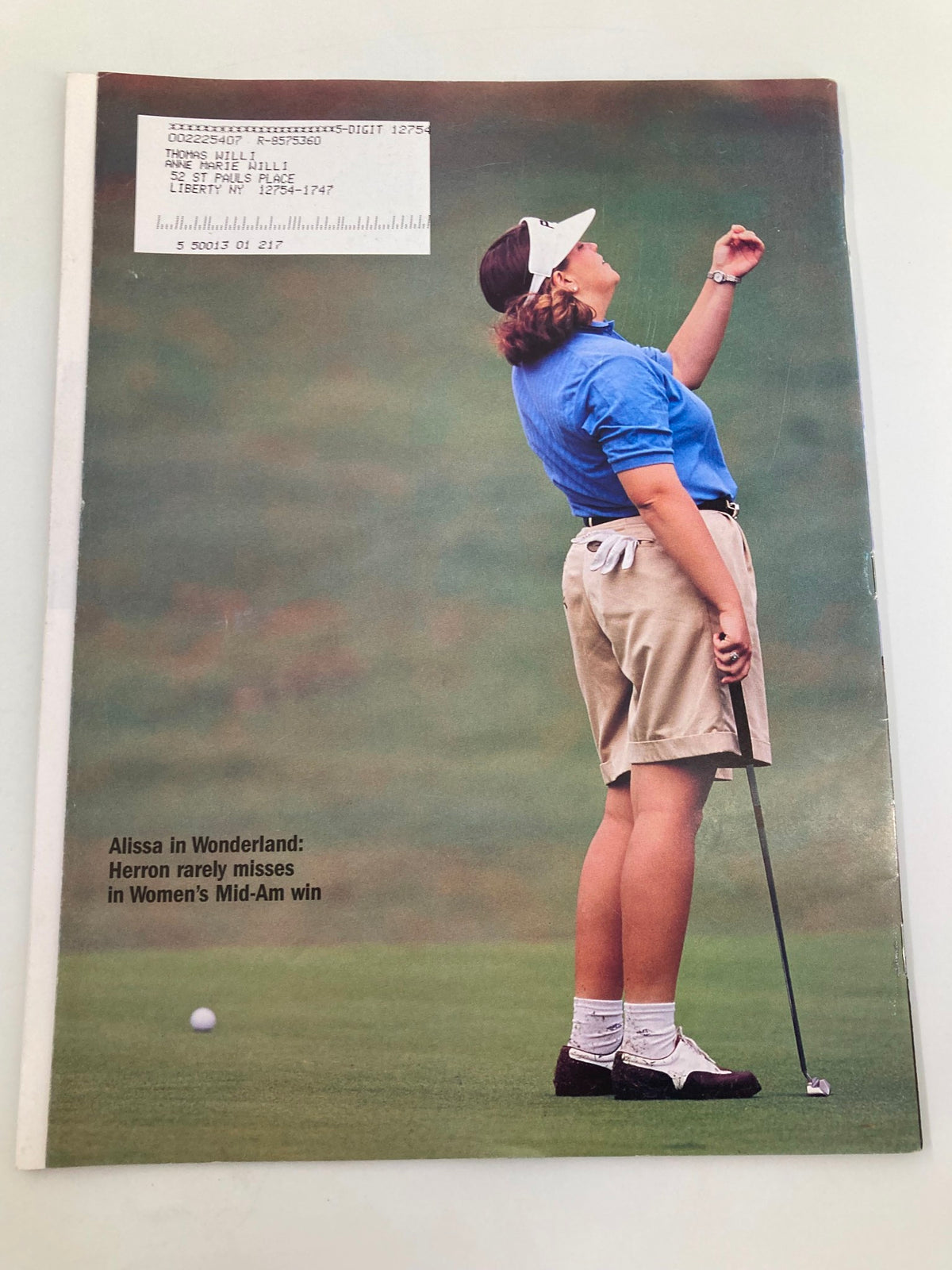 Cover of Golf Journal Magazine November 1999, featuring an image of a female golfer celebrating on the course, titled 'Golf Journal Magazine November 1999 Mike Prue Won Youth Tournament', highlighting women's golf and competitive spirit.