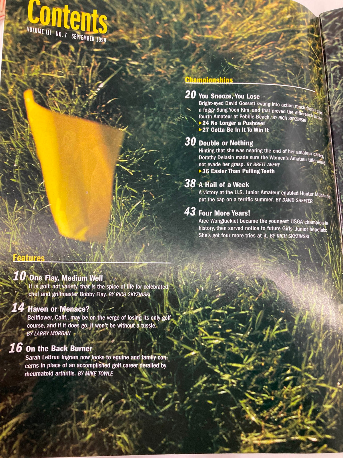 Contents page of Golf Journal Magazine September 1999, outlining featured articles and championships including profiles on golfers of the era.