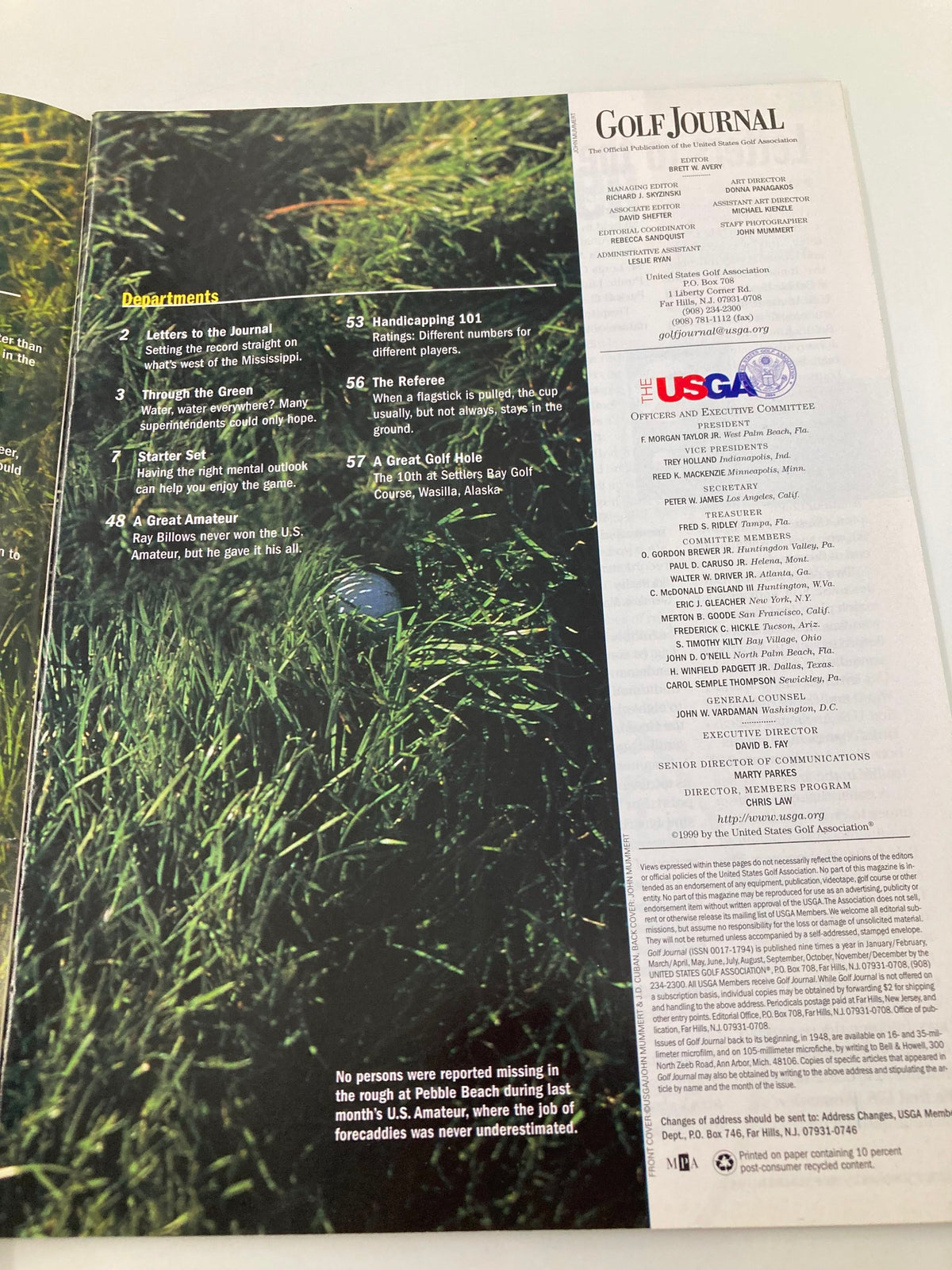 Back cover of Golf Journal Magazine September 1999 displaying information about the publication and a feature on David Gossett's golfing experience.