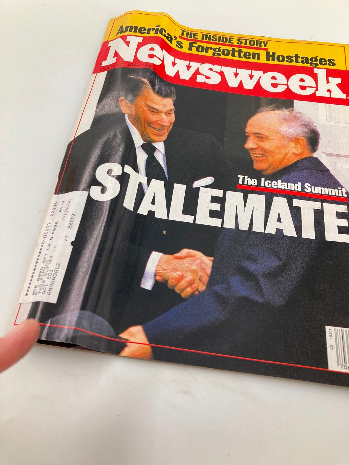 Close-up view of the cover of VTG Newsweek Magazine October 20 1986, showcasing Ronald Reagan and Mikhail Gorbachev with the title The Iceland Summit Stalemate prominently displayed.