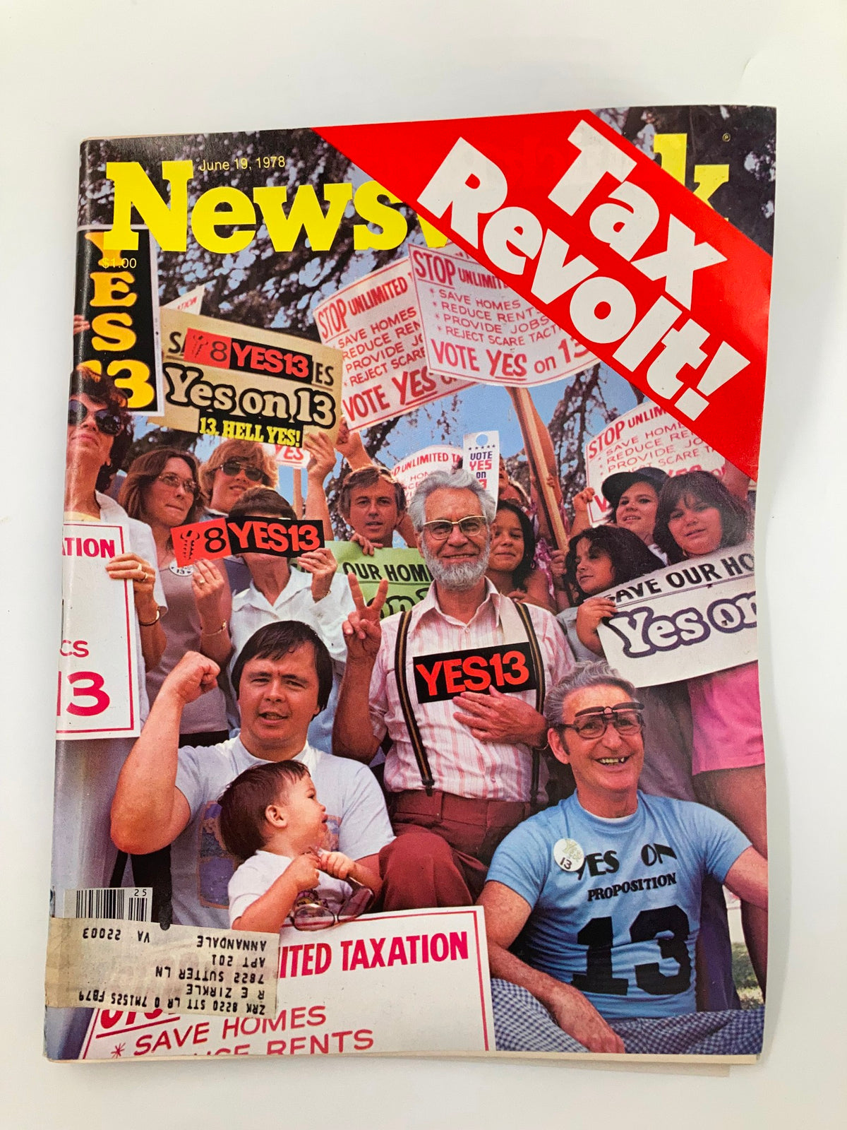 Front cover of the vintage Newsweek magazine from June 19, 1978, featuring the headline 'Tax Revolt!' with crowds holding signs supporting Proposition 13.