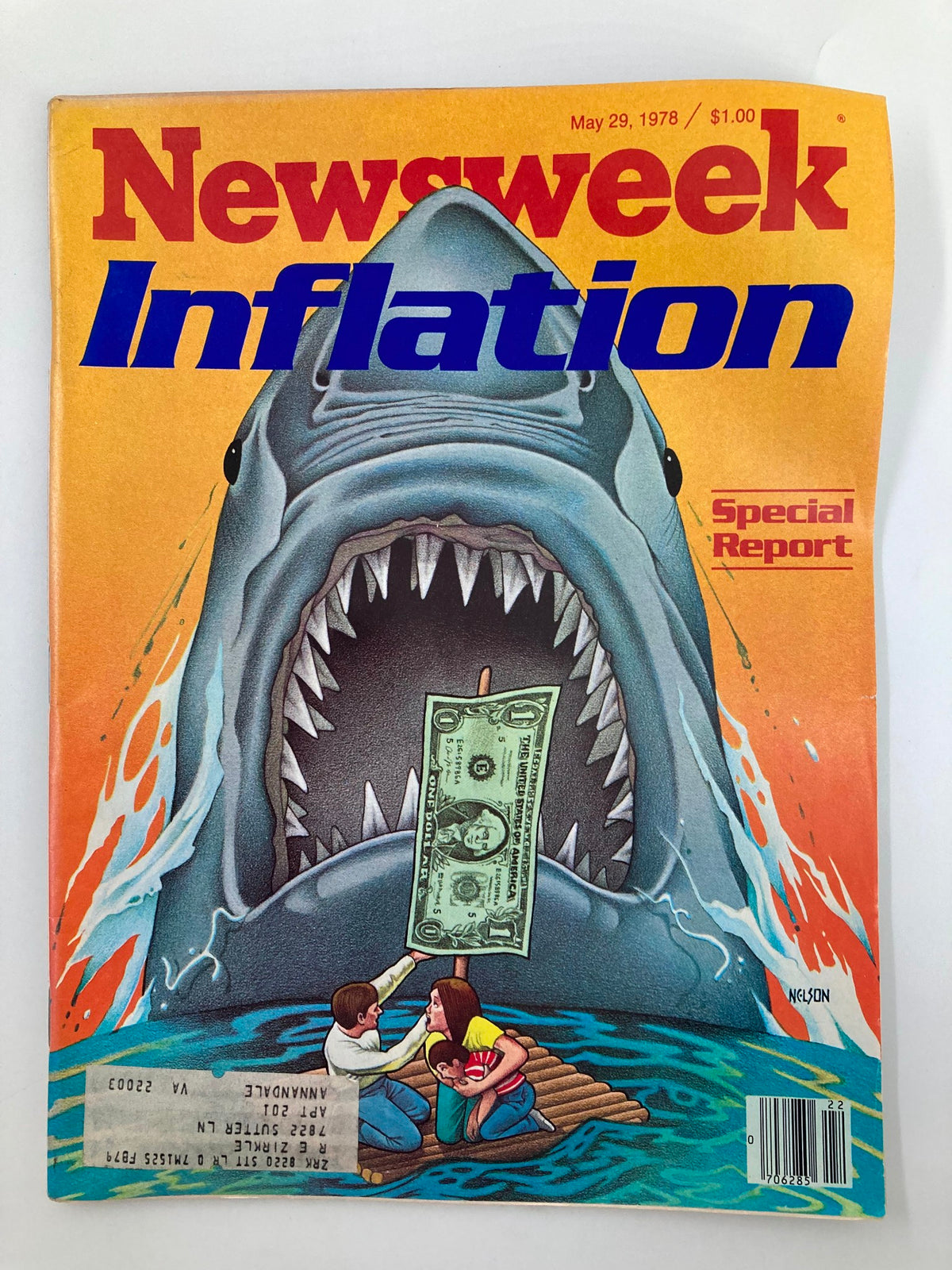 Cover of vintage Newsweek magazine dated May 29, 1978, featuring bold text on inflation and an illustration of a shark approaching a family holding a dollar bill, highlighting a special report on economic issues.