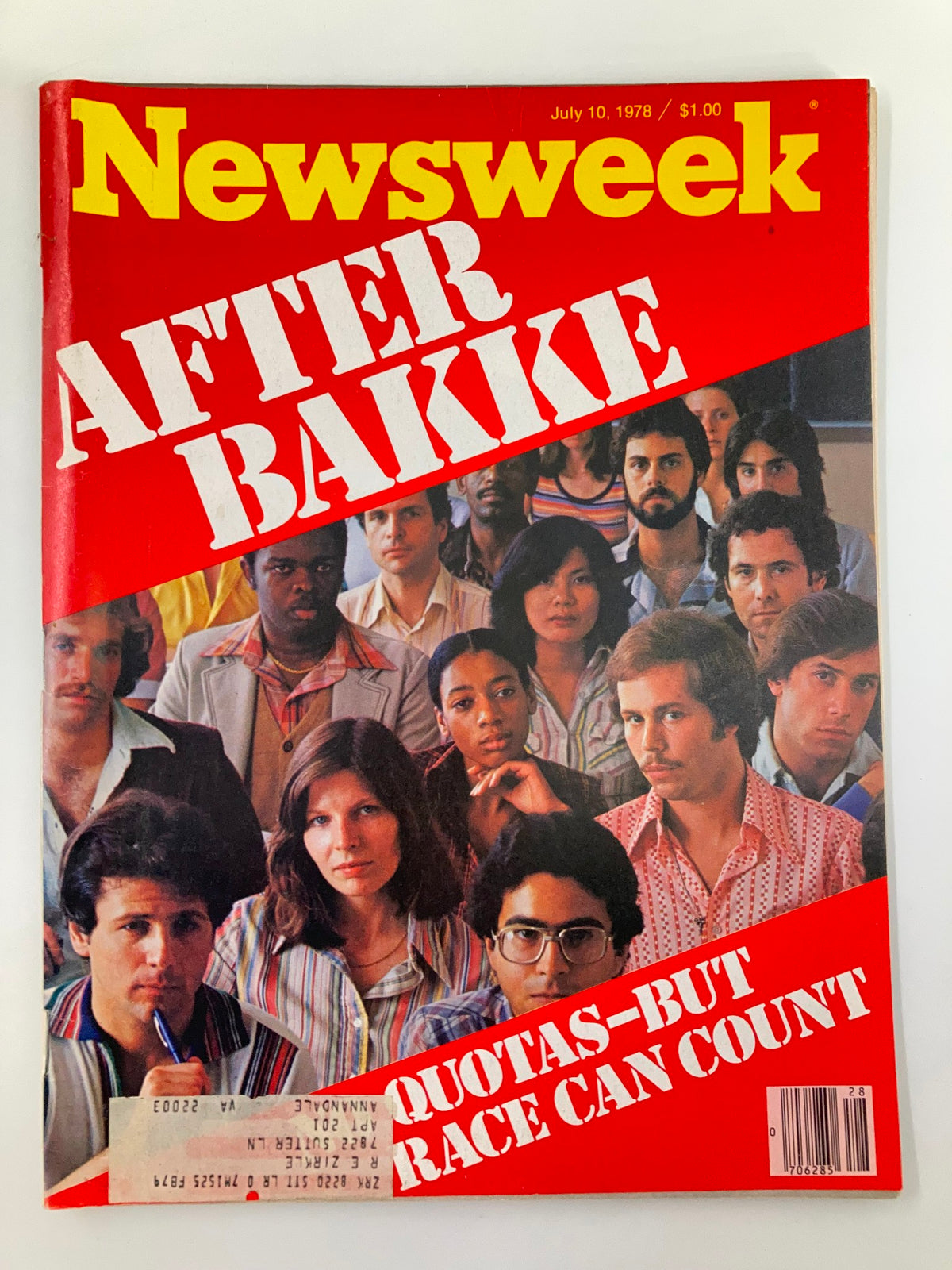 Newsweek Magazine cover from July 10, 1978, titled 'After Bakke Quotas-But Race Can Count,' featuring a diverse group of individuals reflecting the era's discussions on race and education in America.