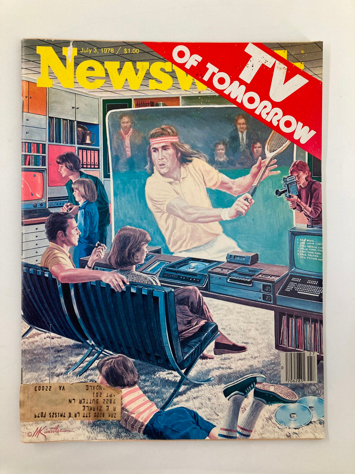 Cover of VTG Newsweek Magazine July 3 1978 featuring 'TV of Tomorrow' concept. Depicts a family interacting with technology in a retro setting.