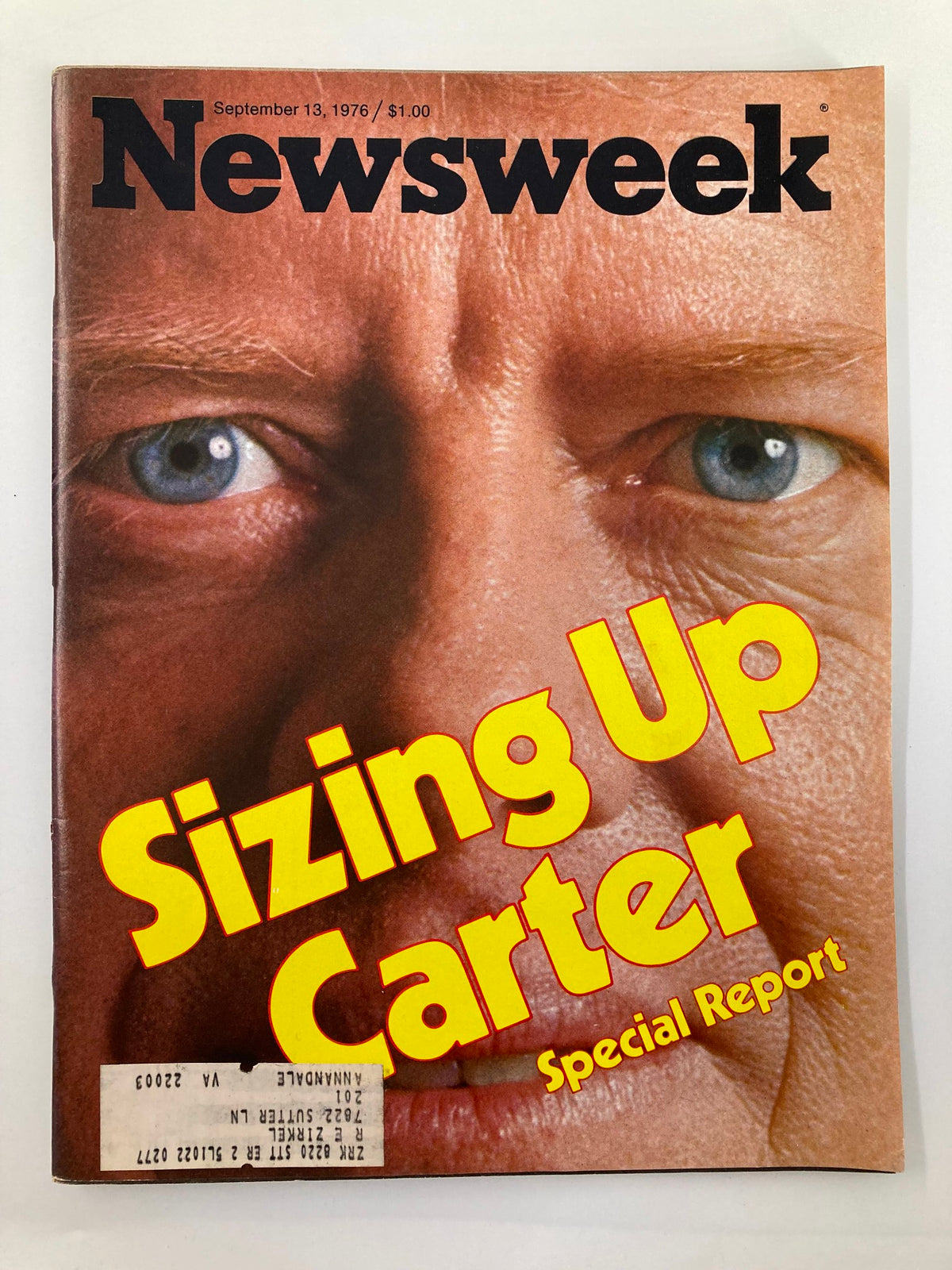 Cover of VTG Newsweek Magazine from September 13, 1976 featuring the title 'Sizing Up Carter' with a close-up of a face, emphasizing the political insights of that era.