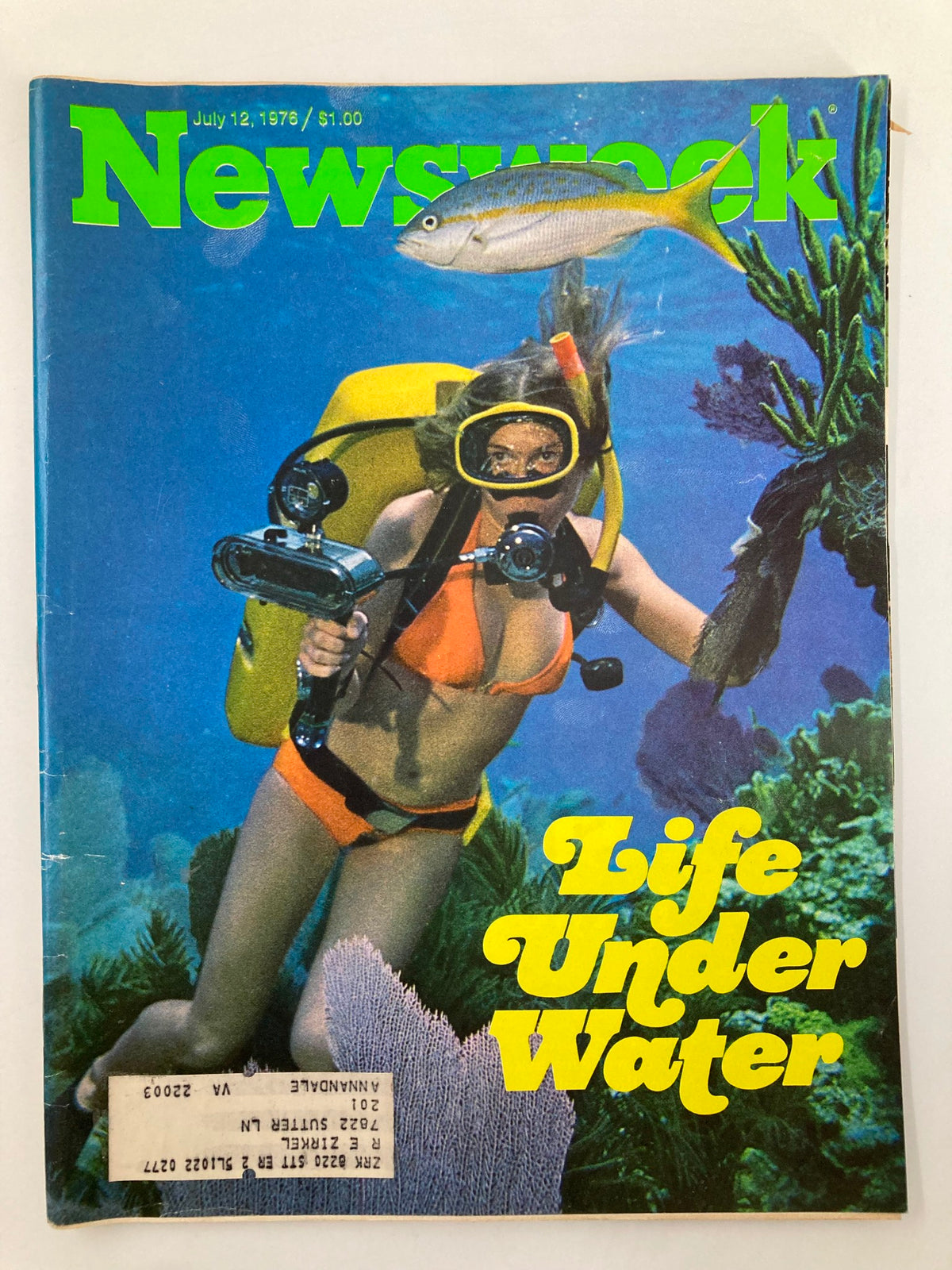 VTG Newsweek Magazine cover from July 12, 1976, featuring a photo of a diver exploring life underwater with vibrant coral and marine fish.