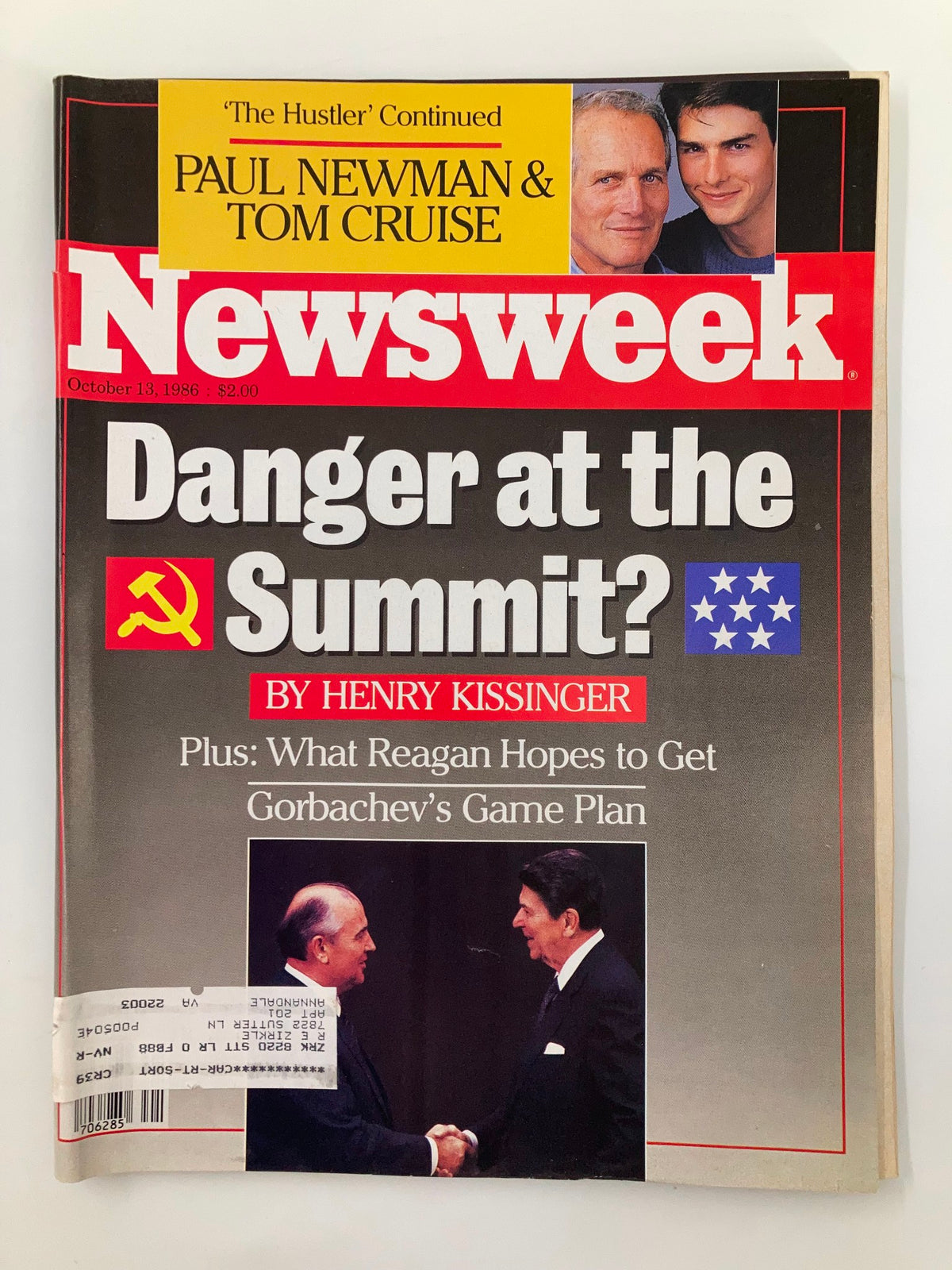 VTG Newsweek Magazine October 13 1986 featuring Paul Newman and Tom Cruise on the cover, with a headline about 'Danger at the Summit?' and a background of political themes.