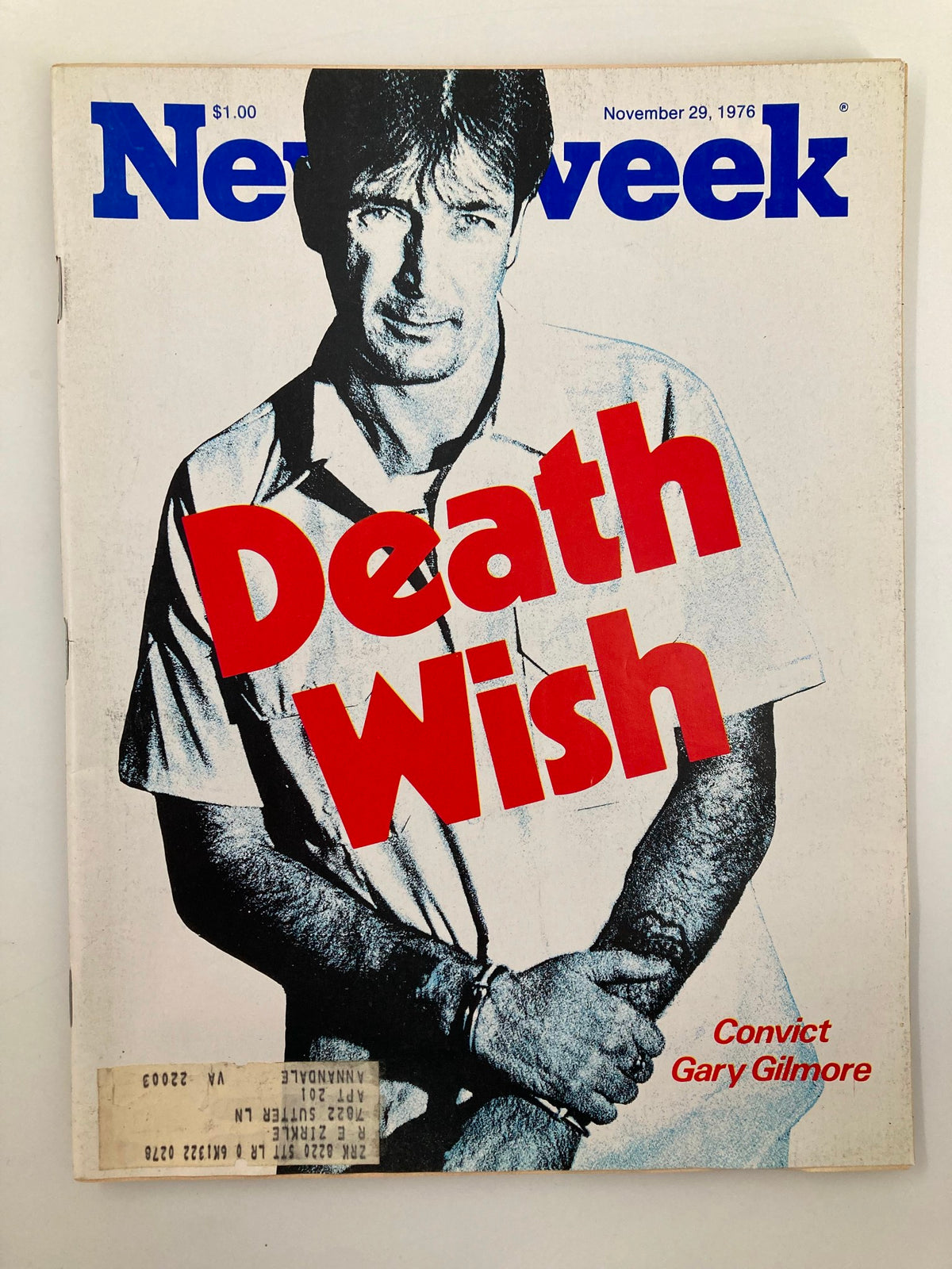 Cover of VTG Newsweek Magazine from November 29, 1976 featuring convict Gary Gilmore with the headline 'Death Wish', showcasing the societal debates on capital punishment.