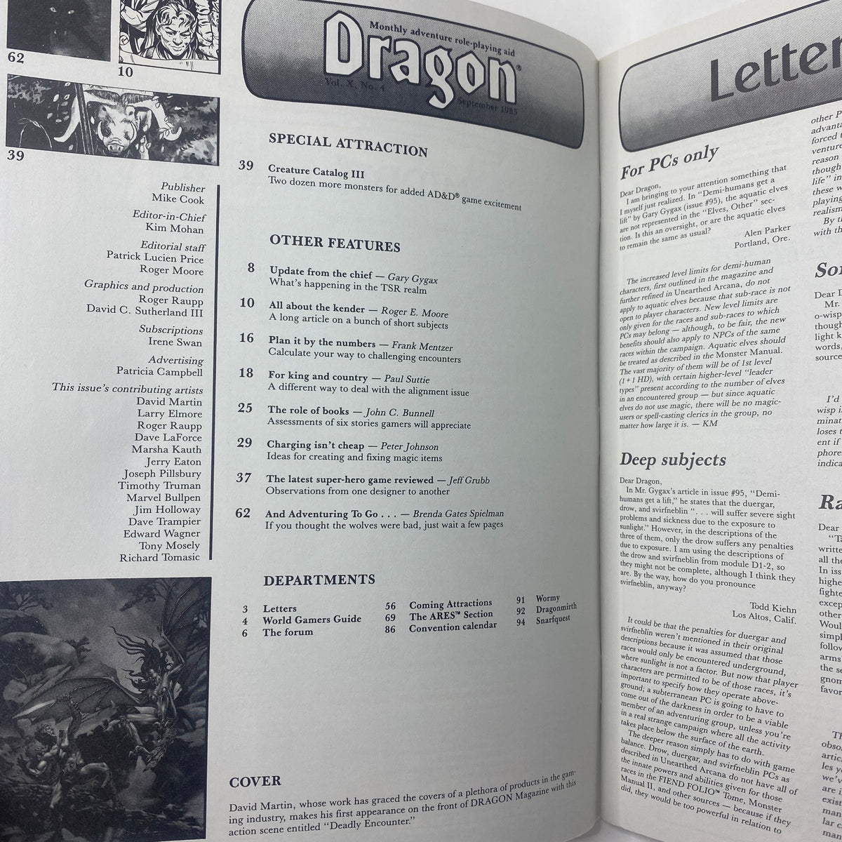 Interior pages of VTG Dragon Magazine September 1985 #101, showcasing the table of contents and articles, reflecting the magazine’s role as an adventure guide for tabletop role-playing games.