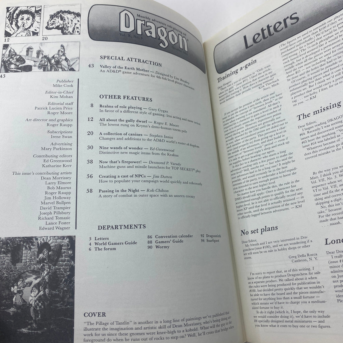 Interior page of VTG Dragon Magazine October 1985 #102 showcasing the table of contents and articles related to Dungeons & Dragons and role-playing games.