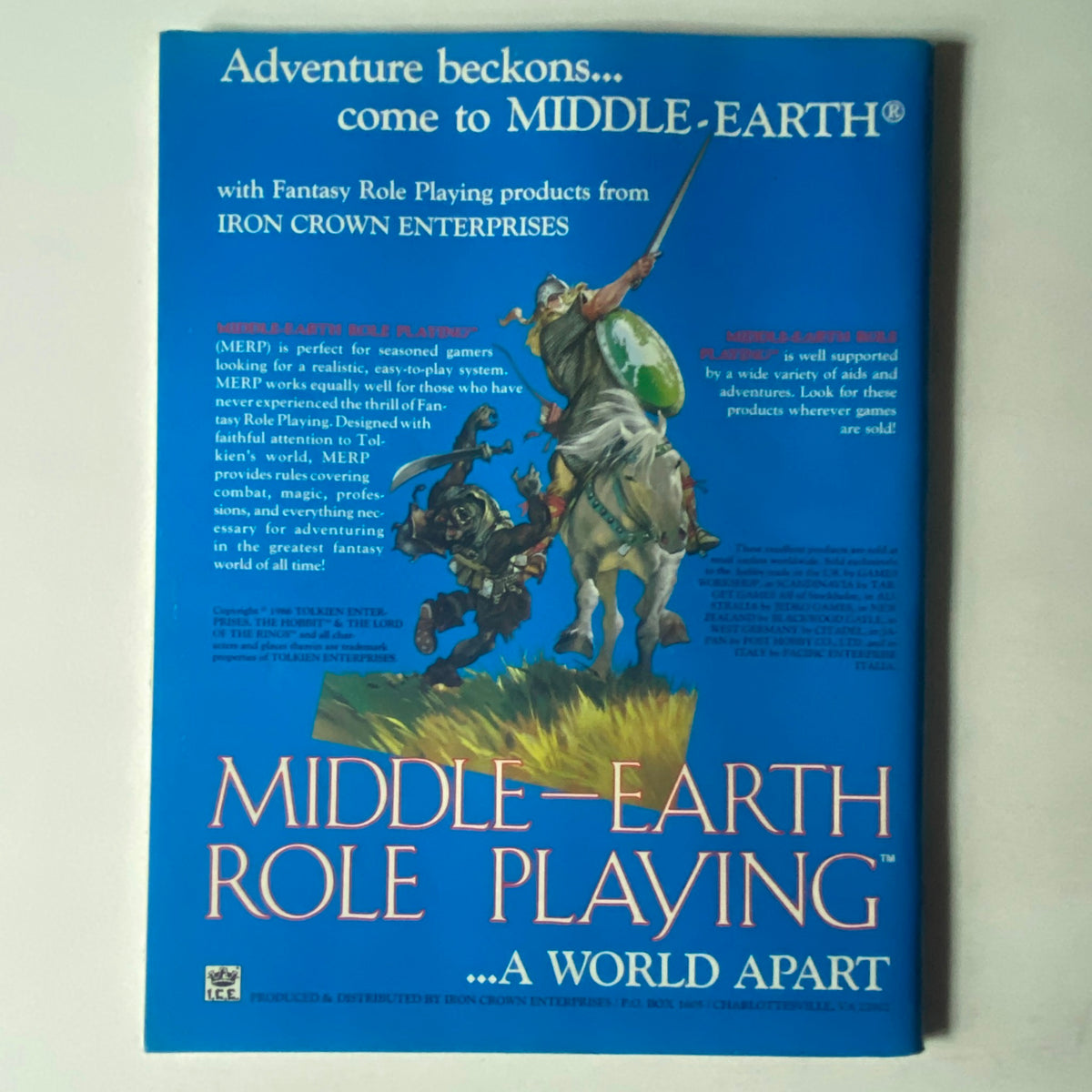 Back cover of VTG Dragon Magazine May 1986 #109 showcasing an advertisement for Middle-Earth Role Playing, promoting fantasy role-playing products from Iron Crown Enterprises.