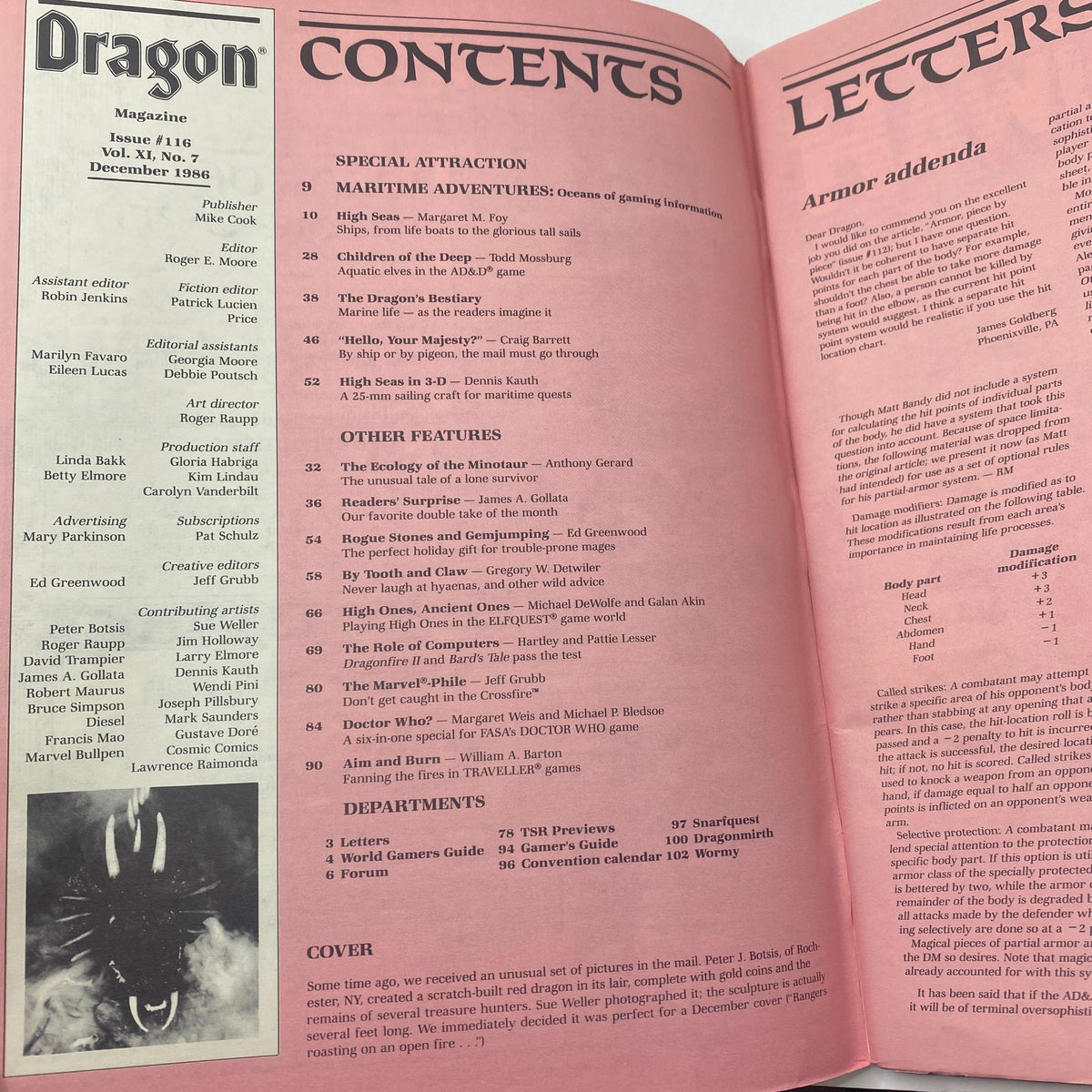 Contents page of VTG Dragon Magazine December 1986 No. 116 highlighting special features and articles.