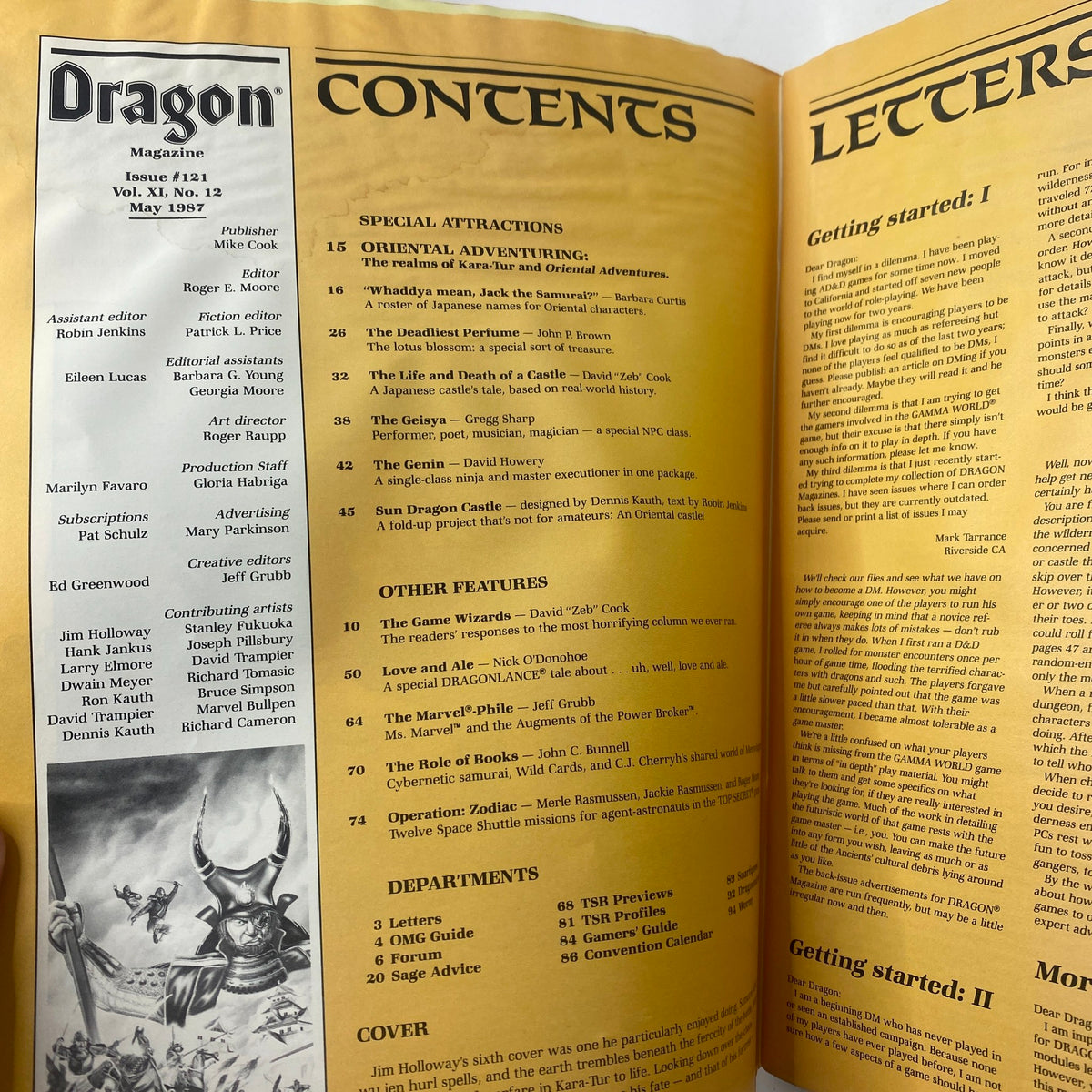 Contents page of Dragon Magazine May 1987 #121, outlining articles and features relevant to tabletop role-playing gamers.