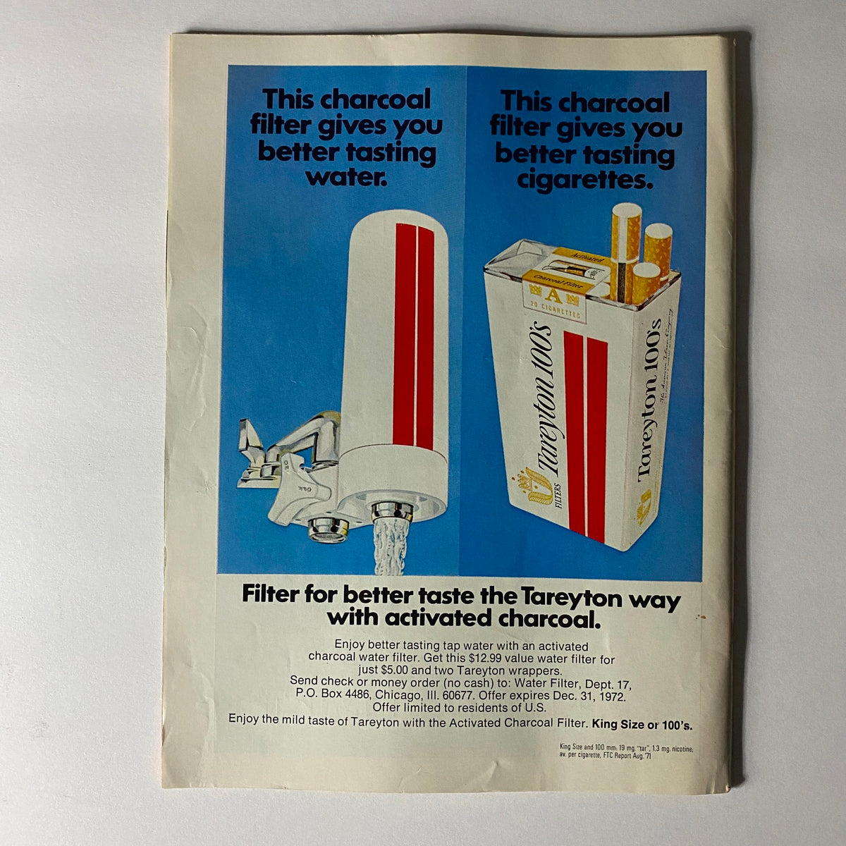 Advertisement page from Time Magazine showcasing a charcoal water filter and Tareyton cigarettes, emphasizing better taste benefits.