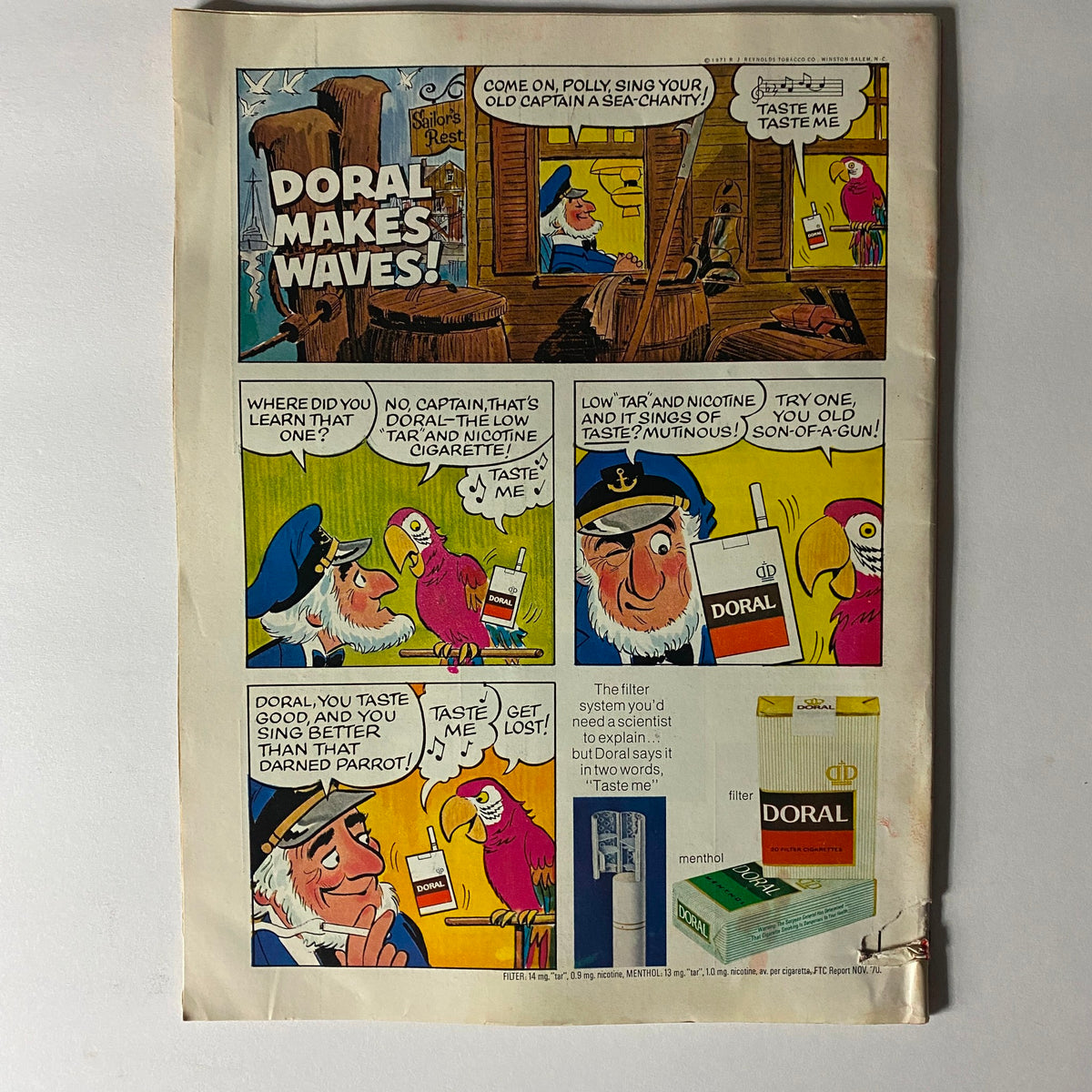 Doral Makes Waves! Cartoon advertisement showcasing a humorous exchange between a captain and a parrot promoting Doral low tar and nicotine cigarettes, featured in the July 19, 1971 Time Magazine with Lee Trevino on the cover.