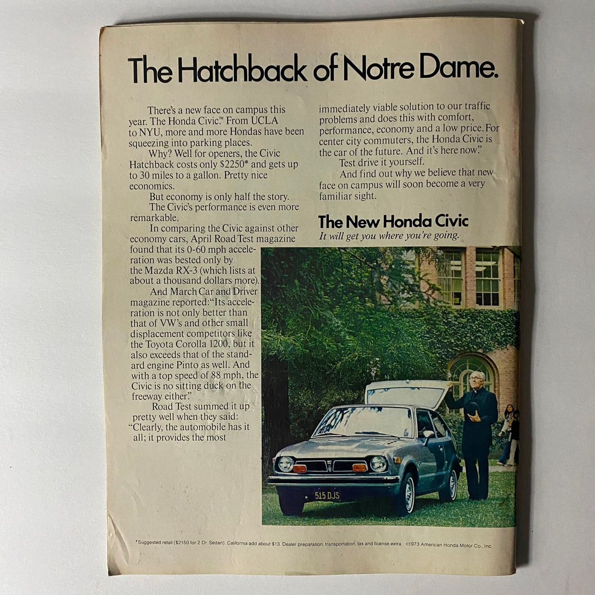Interior page advertisement for the Honda Civic, highlighting its economical and performance benefits. The magazine emphasizes its features while showcasing a Honda Civic parked outdoors, reflecting the automotive options available in the early 1970s.