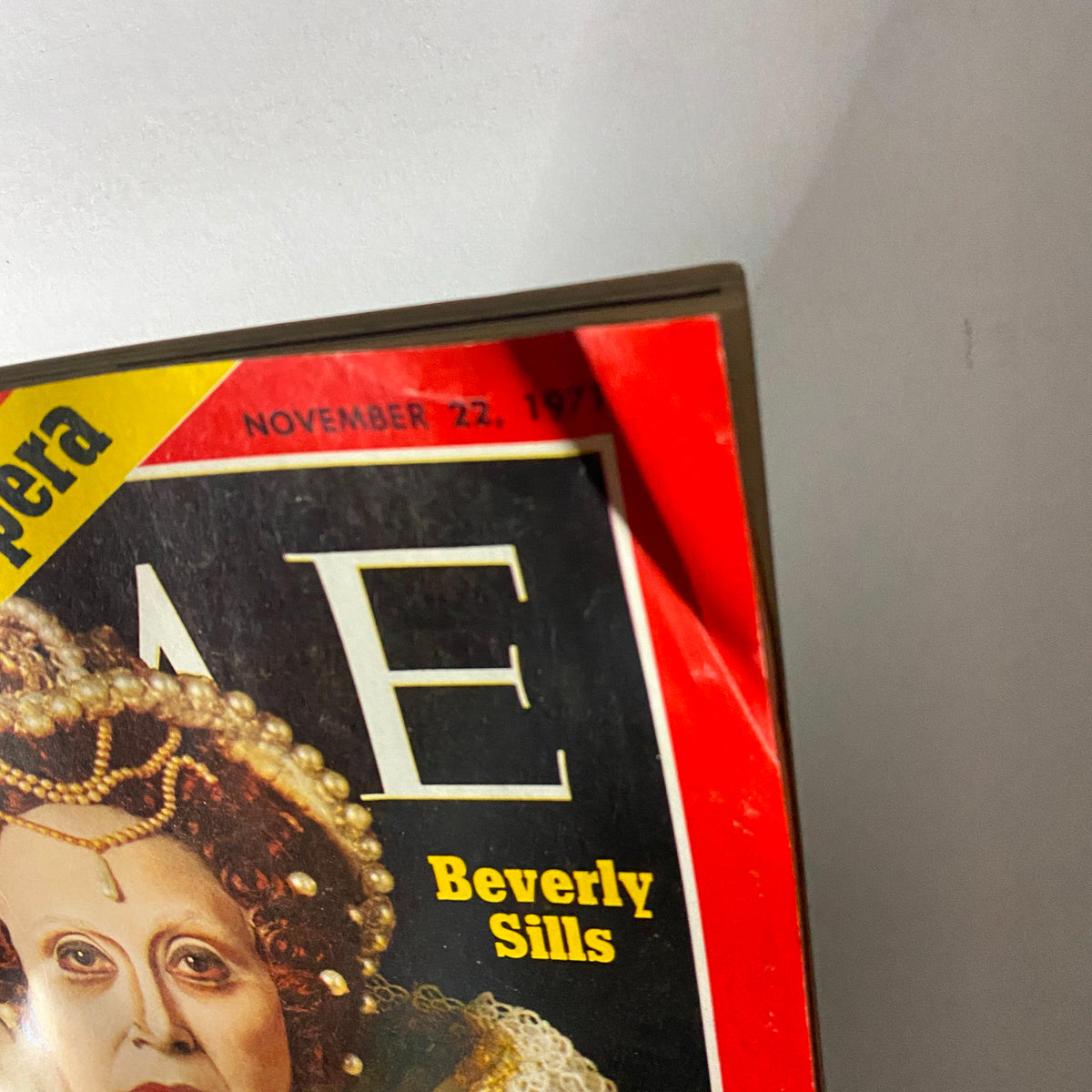 Close-up view of the cover of VTG Time Magazine November 22, 1971 showcasing Beverly Sills, America's Queen of Opera.