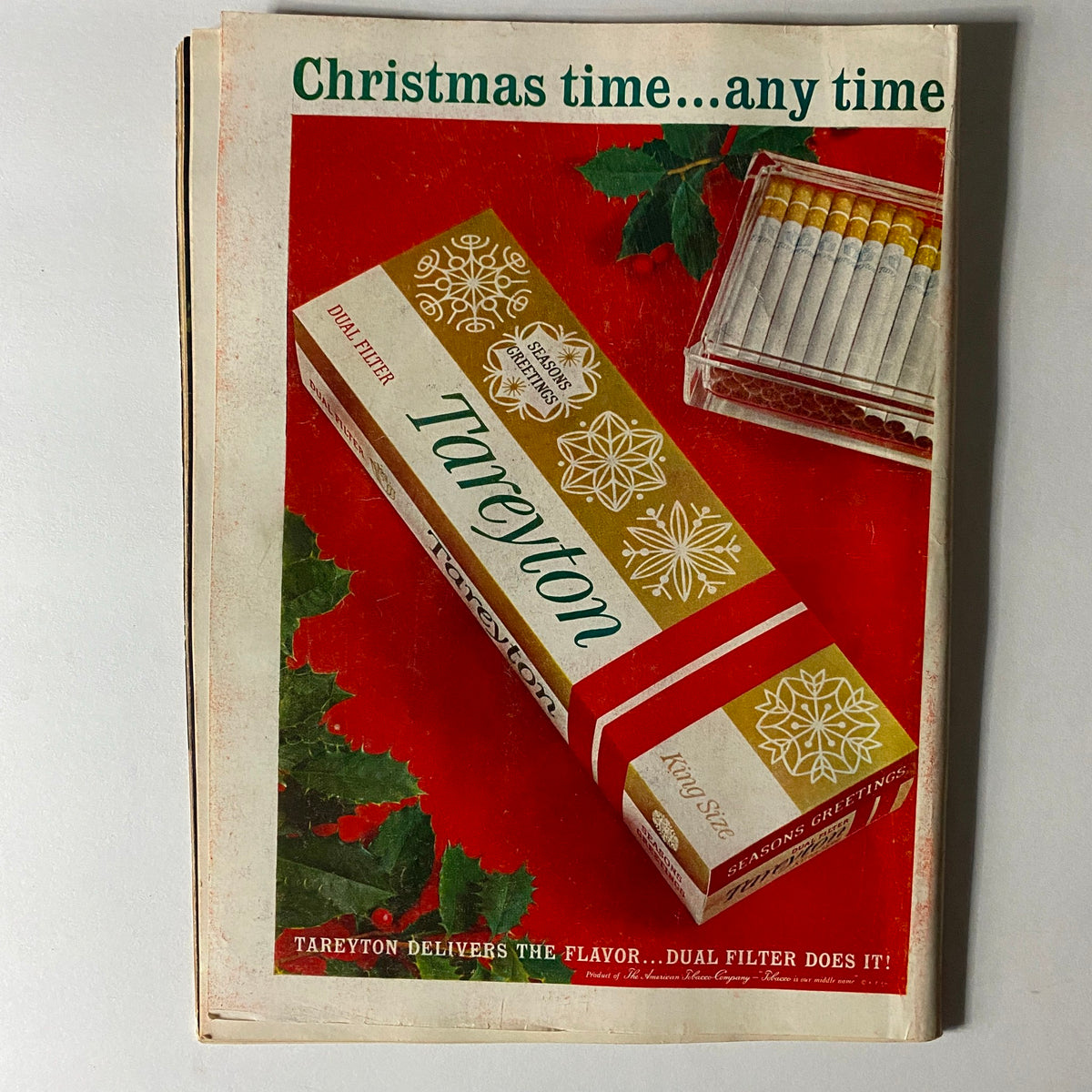 Back cover of VTG Time Magazine December 8 1961 with Tareyton cigarette advertisement, featuring festive Christmas theme.