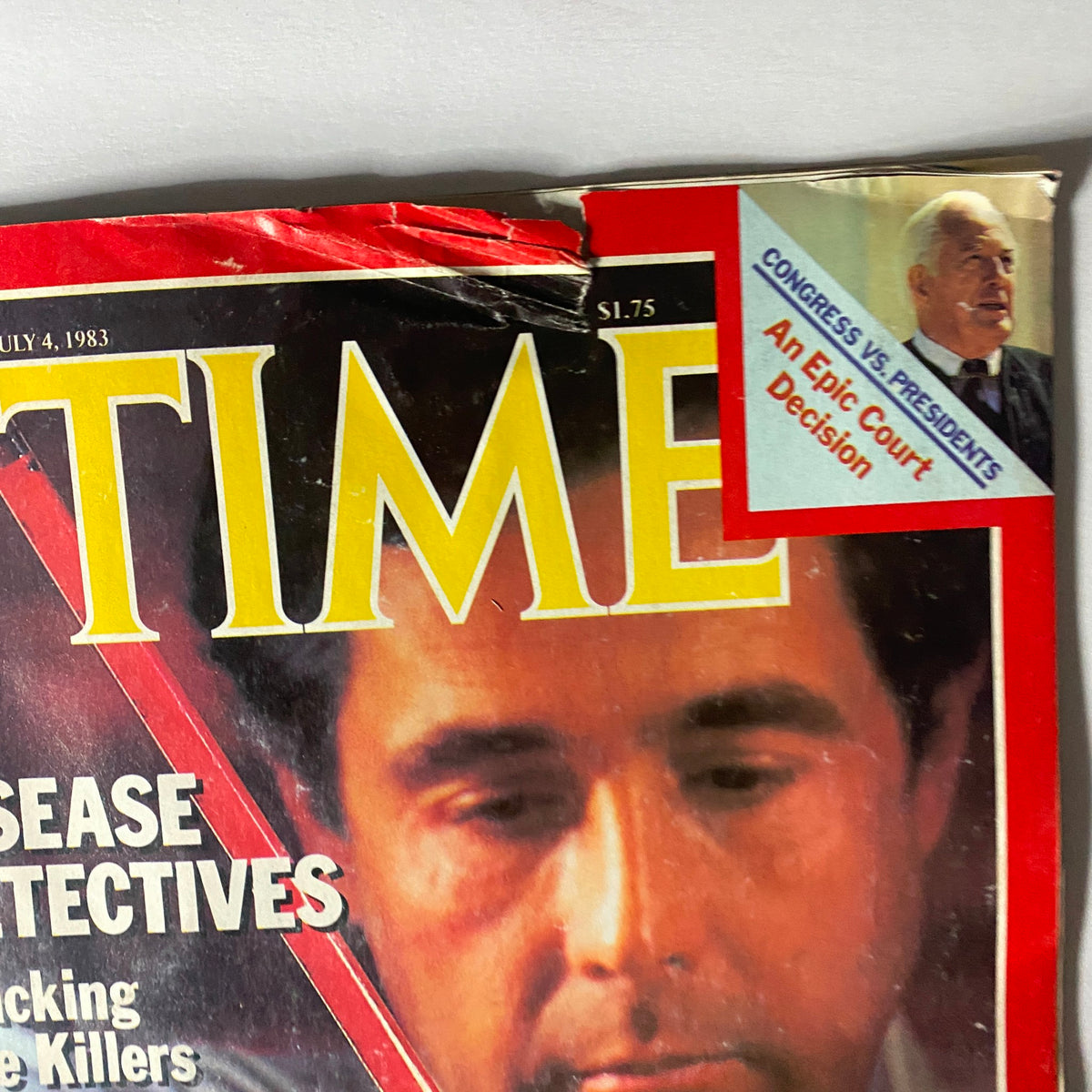 Close-up of the cover of VTG Time Magazine July 4, 1983, highlighting the 'Disease Detectives' title and additional coverage of 'Congress vs. Presidents'.
