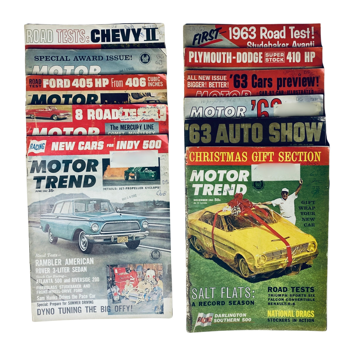 Lot of 11 Motor Trend Magazine issues from 1962, showcasing vintage car features, road tests, and advertisements. Includes covers from January to December, excluding April.