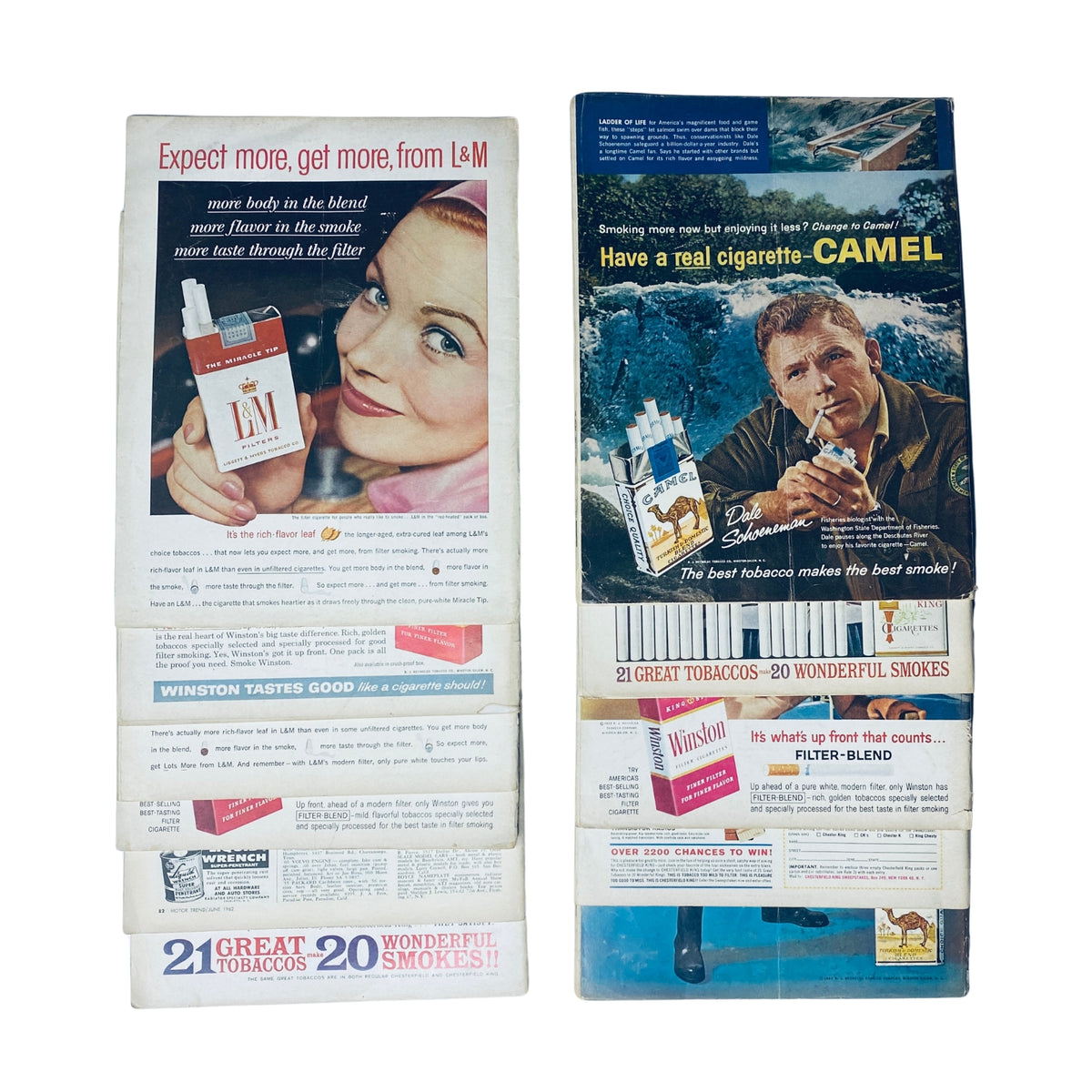 Lot of 11 Motor Trend Magazine back covers from 1962, displaying vintage cigarette advertisements featuring L&M and Camel brands.