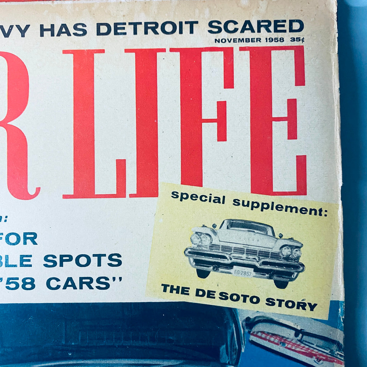 Lot of 10 Car Life The Family Auto Magazine, showcasing the November 1958 cover with a special supplement on 'The De Soto Story', focuses on family car choices during the late 1950s.