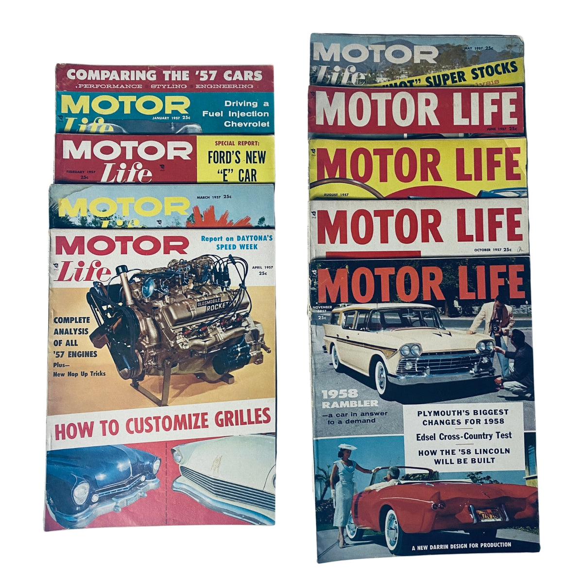 Lot of 9 Motor Life magazines from 1957, featuring vibrant covers showcasing automotive content, including features on customizing cars, engine reports, and classic cars of the era. This collection captures the spirit of mid-20th century motoring.