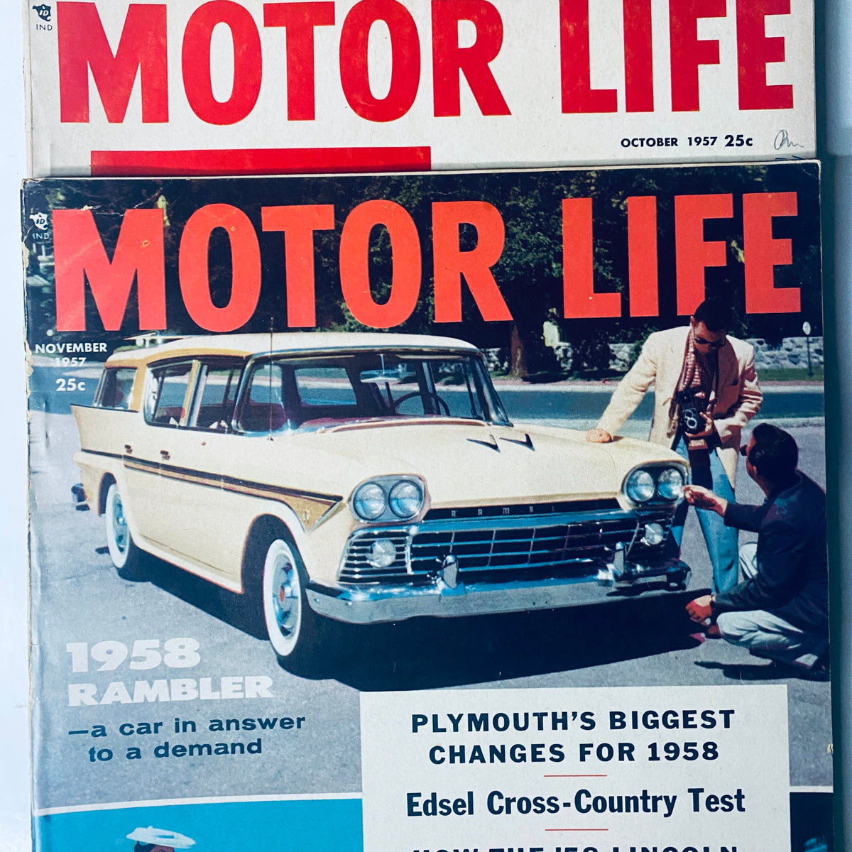 Cover images of Motor Life Magazine from October and November 1957. Includes a feature on the 1958 Rambler and Plymouth's major changes for the new year.
