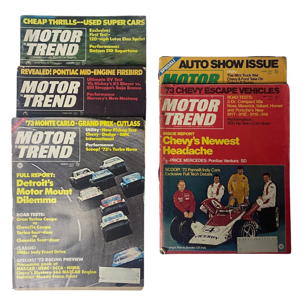 Lot of 5 Motor Trend Magazines from 1972 January to May, showcasing automotive trends, road tests, and new model announcements, highlighting industry developments in early 1970s cars.