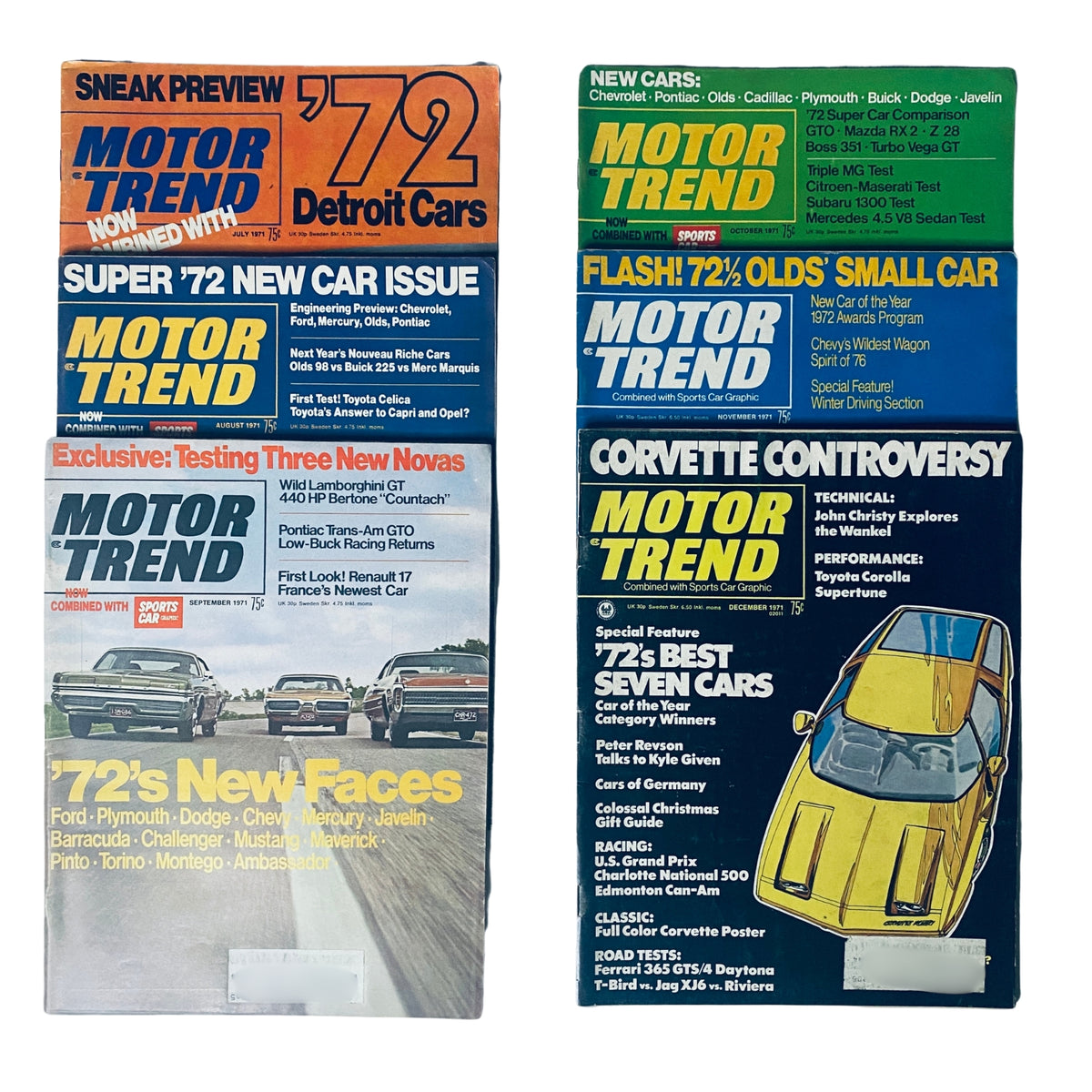 Lot of 6 Motor Trend Magazines from July to December 1971 featuring covers that showcase the automotive innovations of the time, including topics like new cars, road tests, and industry analysis.