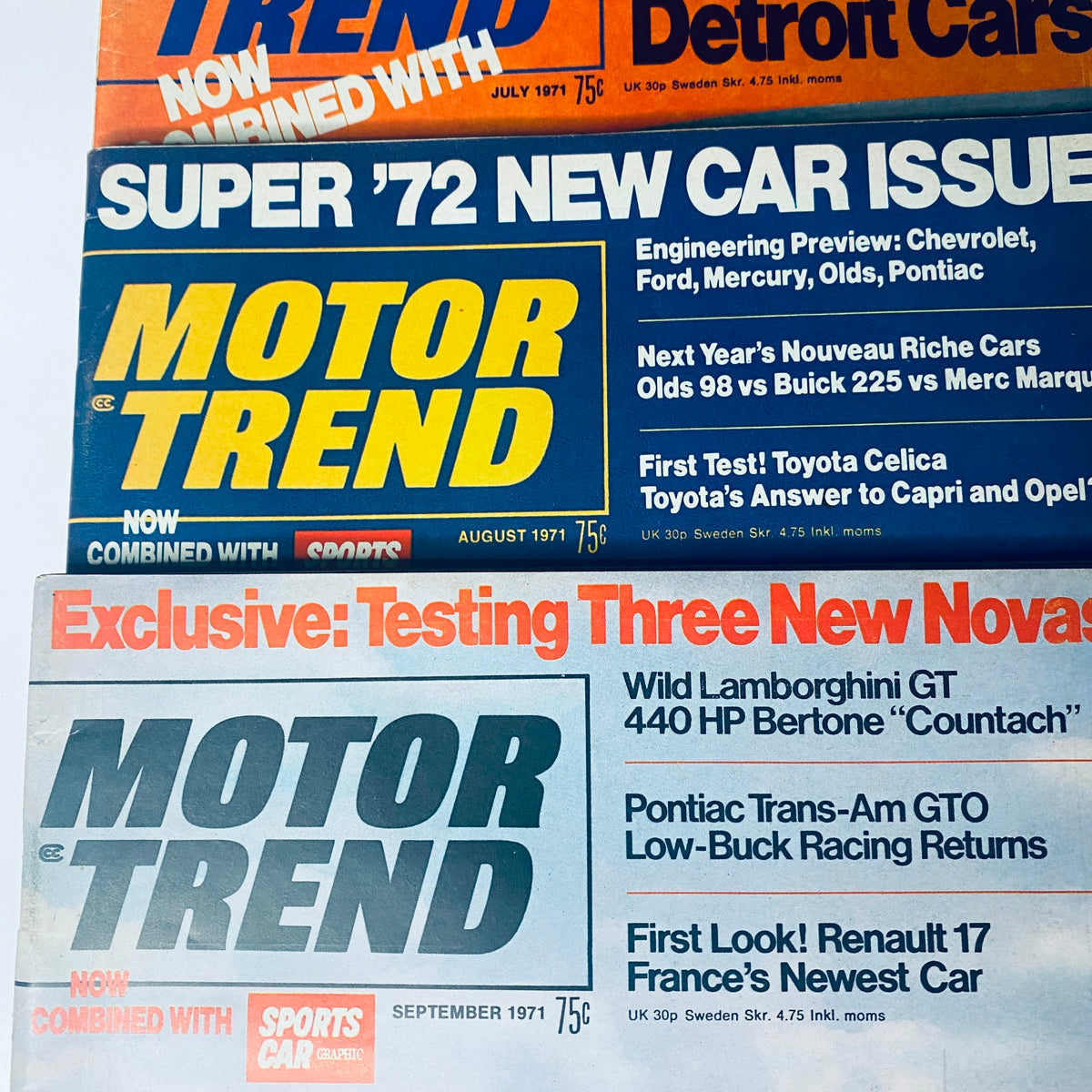 July and August 1971 issues of Motor Trend Magazine showcasing new car features and highlights including the iconic Lamborghini Countach and trans-am racing, part of the Lot of 6 Motor Trend Magazines.