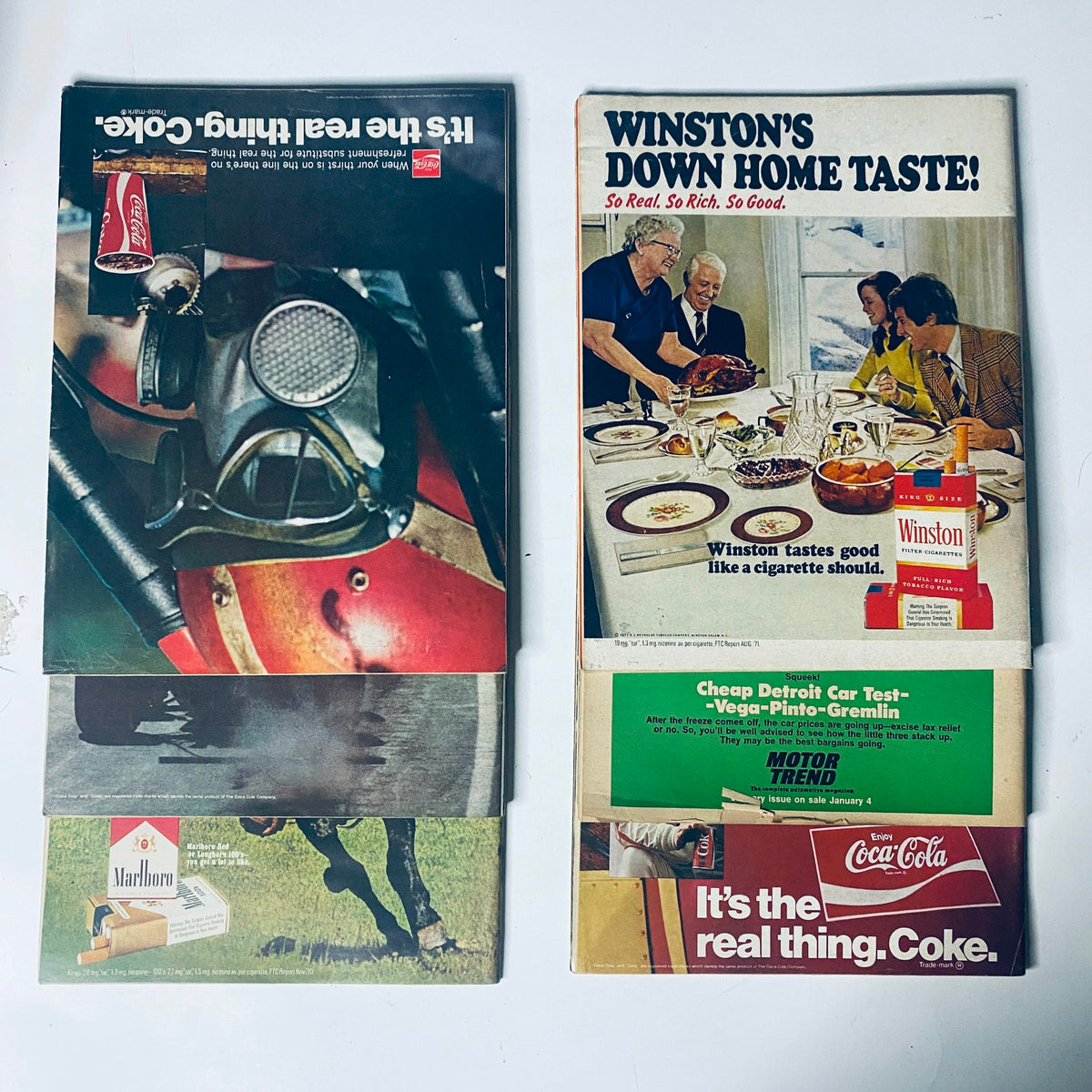 Advertising pages from Motor Trend magazines featuring famous brands and products such as Winston Cigarettes and Coca-Cola, included in the Lot of 6 Motor Trend Magazines from 1971.