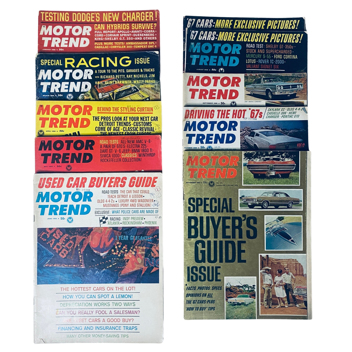 Lot of 10 Motor Trend Magazine issues from 1966, showcasing vintage automotive content including road tests, model previews, and advertisements. Issues include January, March to June, August to November.
