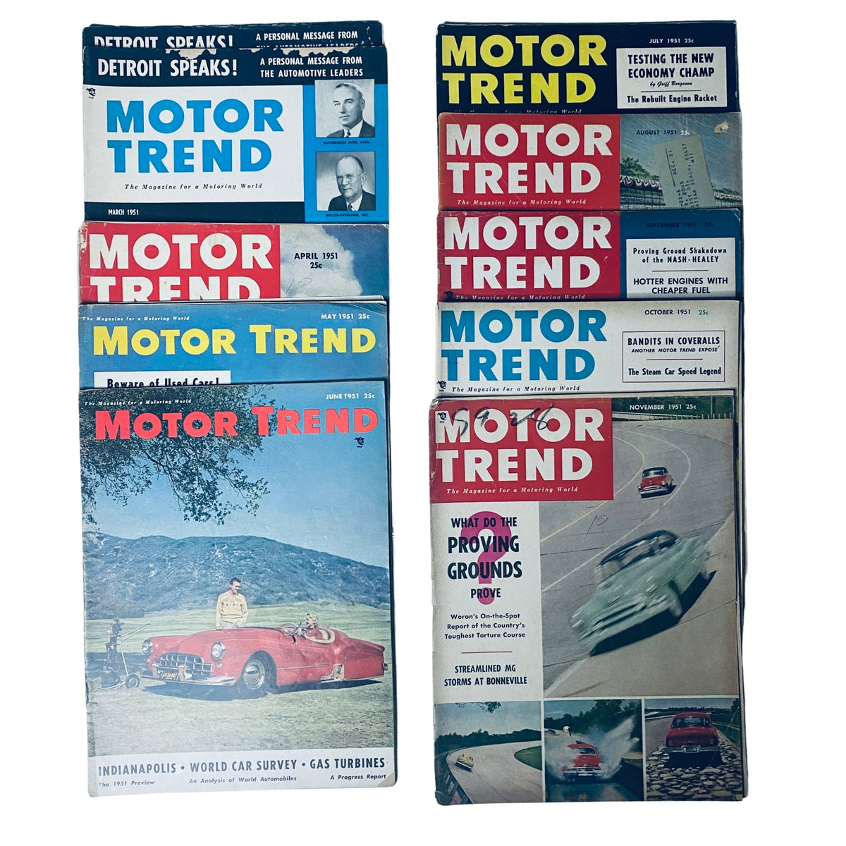 A collection of 9 Motor Trend magazines from 1951, showcasing covers from March to November, featuring articles on automotive topics and vintage car advertisements.