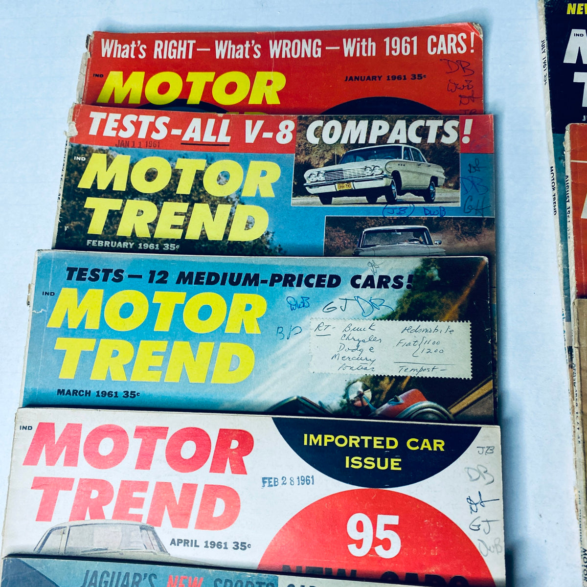 Lot of 12 Motor Trend Magazine covers from January 1961 to March 1961, showcasing classic cars and automotive features.