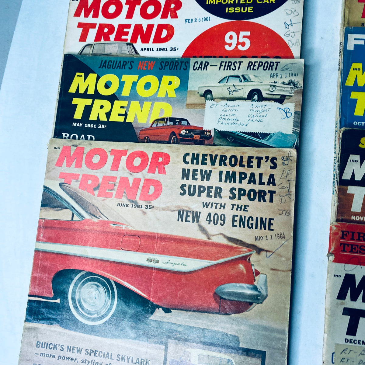 Lot of 12 Motor Trend Magazine covers from April 1961 to June 1961, featuring the latest car models and industry updates.