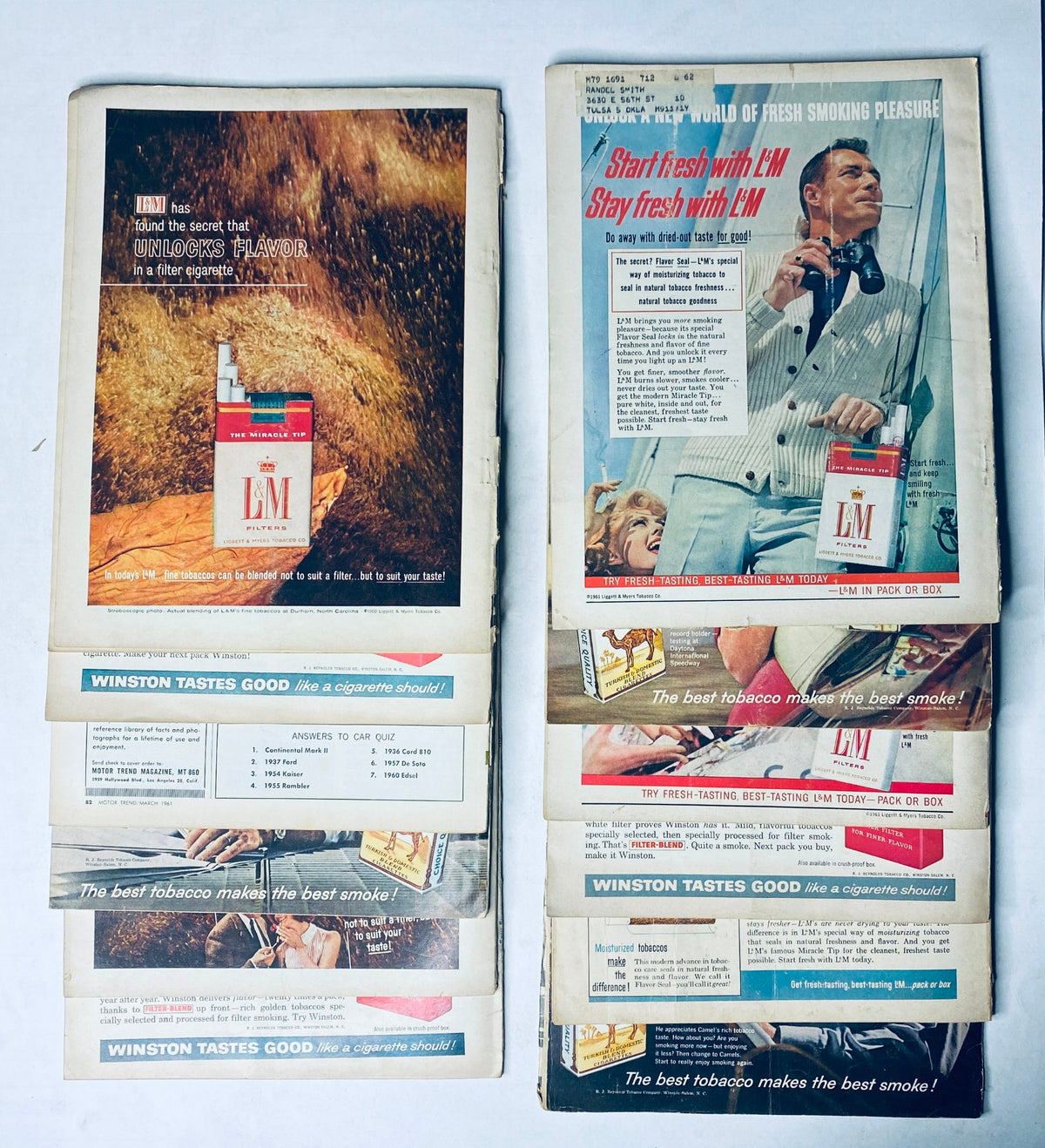 Lot of 12 Motor Trend Magazine advertisements on the back covers, promoting cigarette and product brands from the early 1960s.