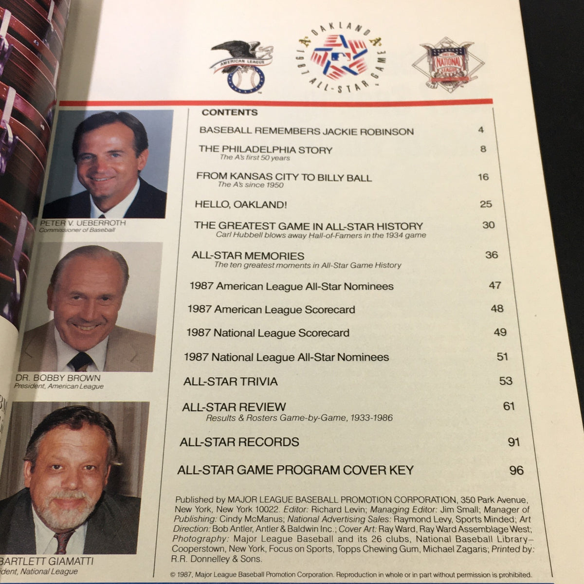 Inside page of the VTG MLB Official Program 1987 All-Star Game Oakland Athletics, displaying contents and notable highlights, including profiles of key baseball figures and historical information.