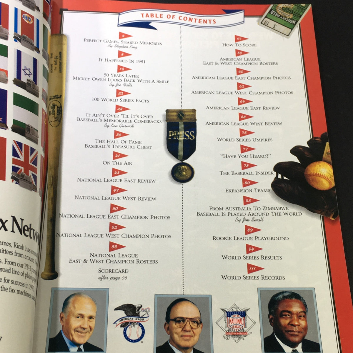 Inside page of the VTG MLB Official Scorebook 1991 The Fall Classic World Series showcasing the detailed Table of Contents with highlights of memorable baseball events.
