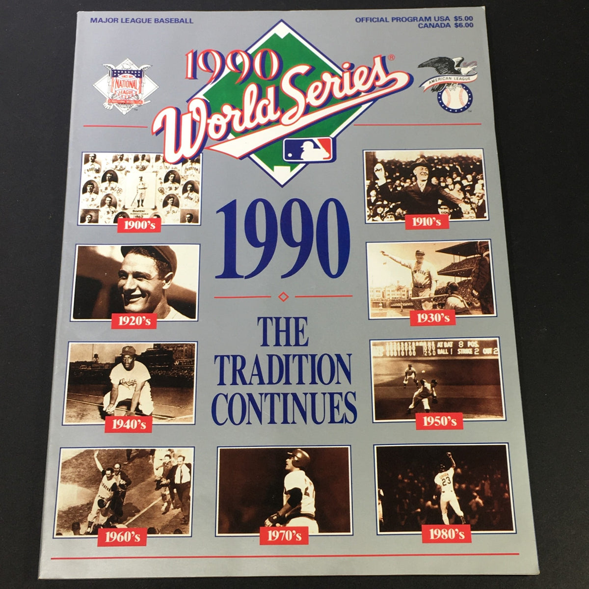VTG MLB Official Program 1990 World Series - The Tradition Continues, featuring a cover design with historical baseball photos, highlighting major decades from the 1900s to the 1980s.