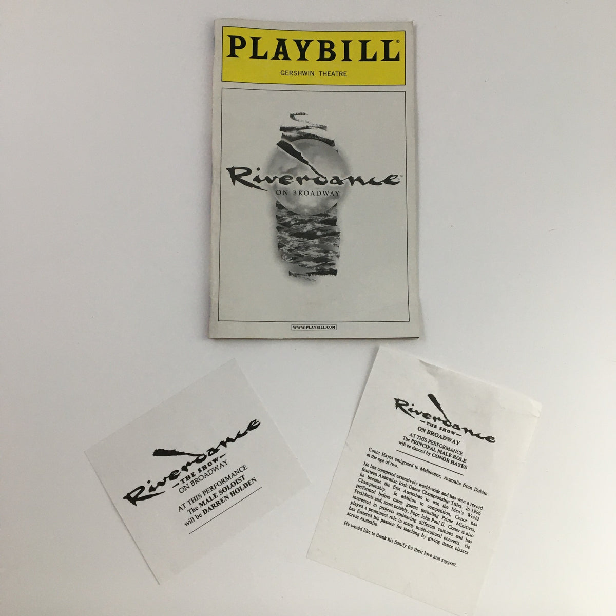 2001 Playbill Riverdance On Broadway, featuring the cover from the Gershwin Theatre, along with a ticket holder and additional performance cards.