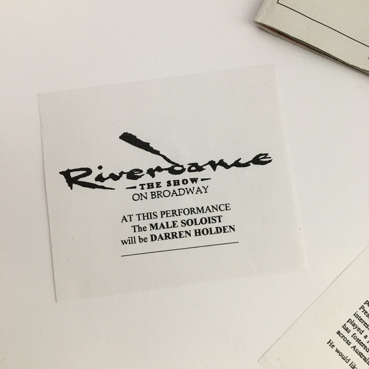 2001 Playbill Riverdance On Broadway, showcasing a card detailing the male soloist Darren Holden for the performance.