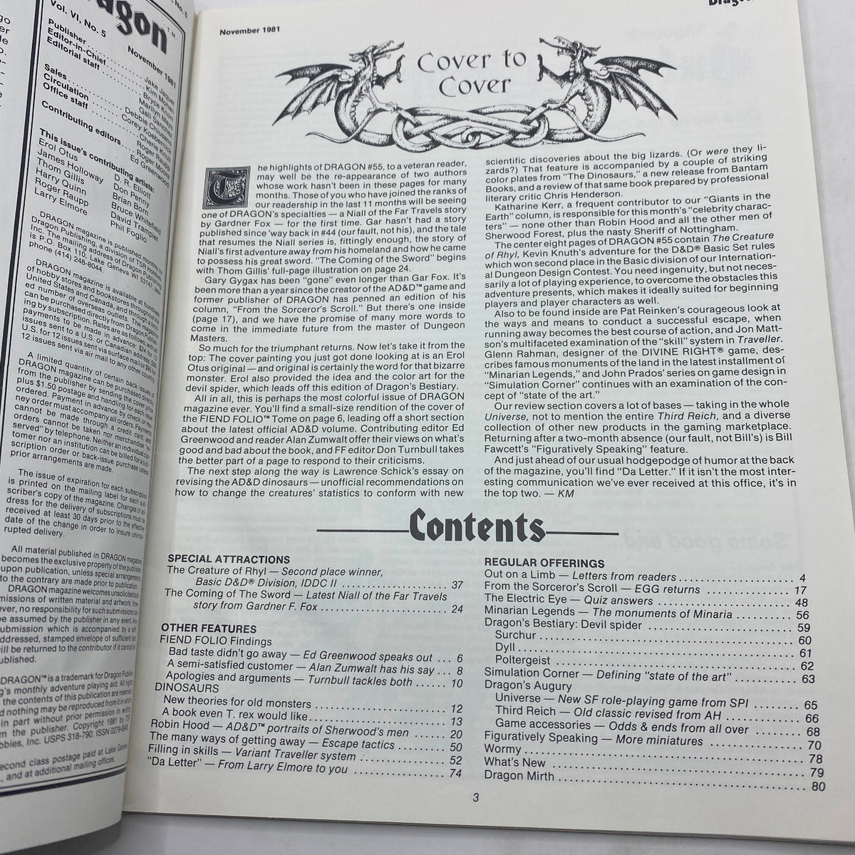 Contents page of VTG Dragon Magazine November 1981 #55, showcasing the featured articles and sections, including 'Dinosaurs Revisited'.