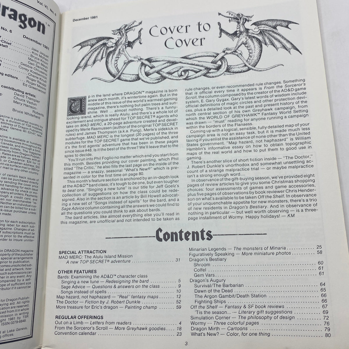 Inside page of VTG Dragon Magazine December 1981, Issue #56, showcasing the contents and introduction to the issue, emphasizing the featured Alulu Island Mission adventure.